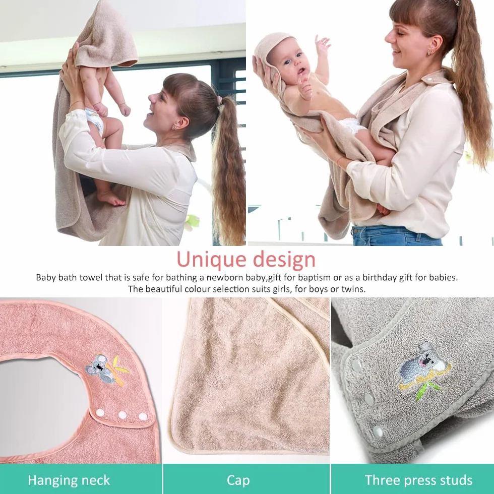 Serviette bébé coton doux absorbant capuche tablier mains libres gris