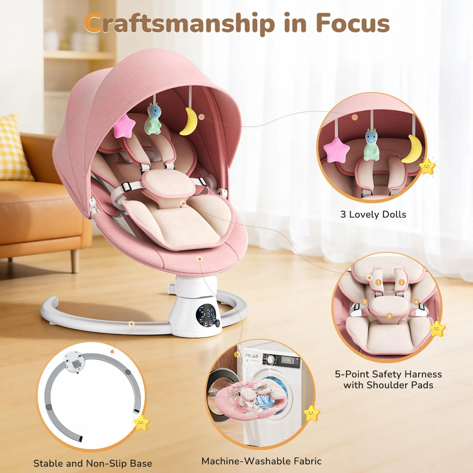 Balançoire Électrique pour Bébé Transat avec Dossier Réglable 2 Niveaux, Bluetooth, 12 Sons, Télécommande, 2 Alimentations (Rosa)