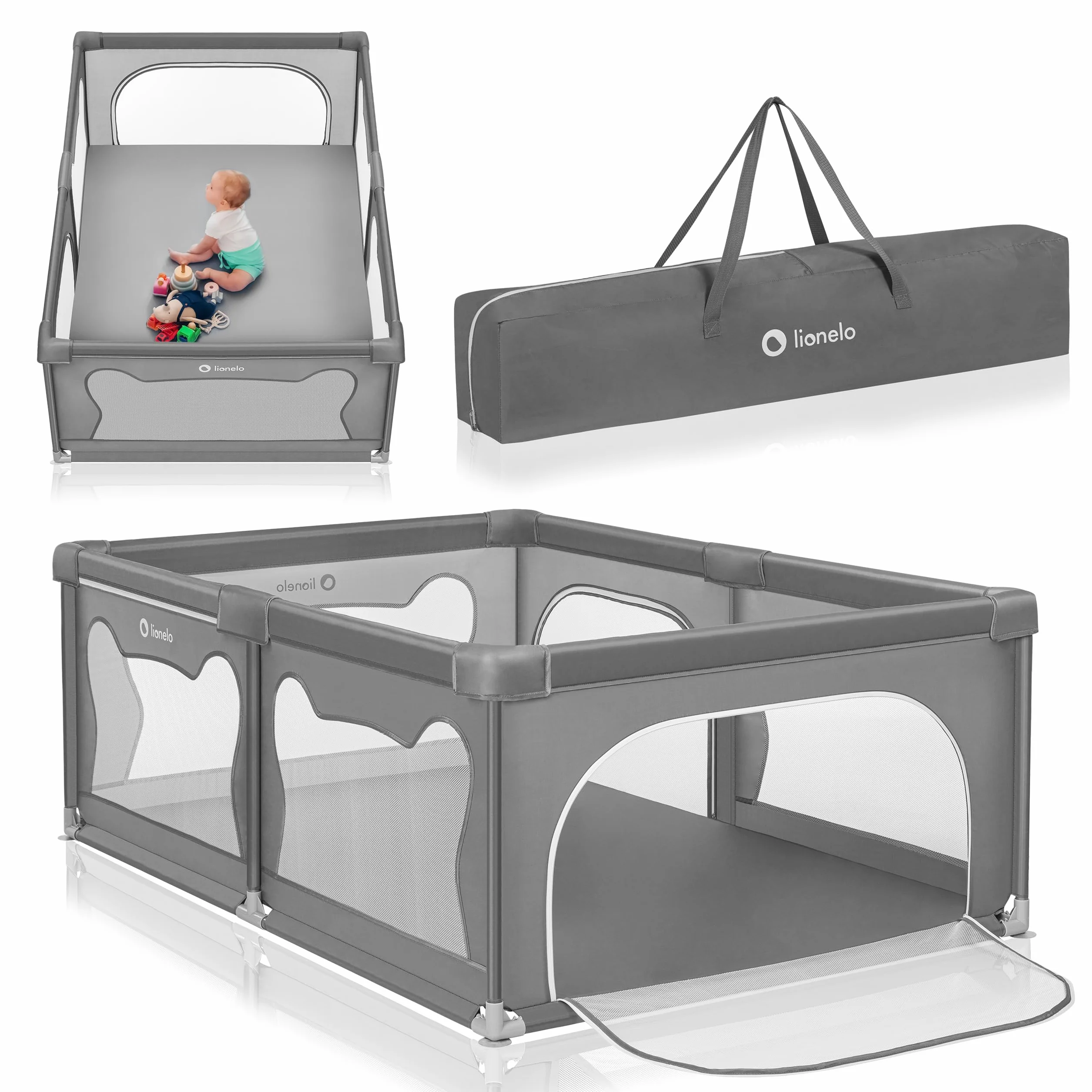 LIONELO WILLOW Parc pliant pour bébé 120x180x68 cm filet respirant 2 entrées zippées Gris