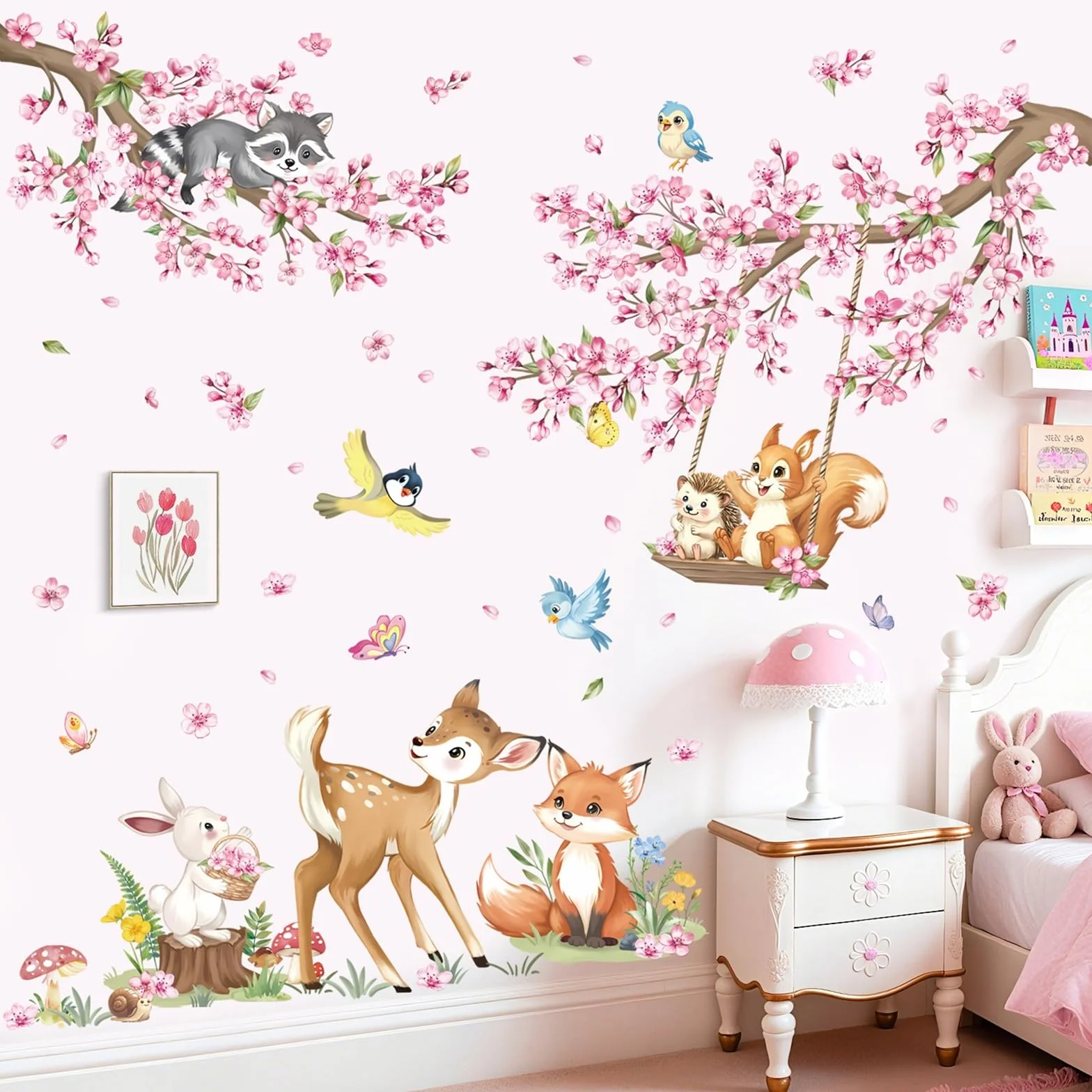 Decalmile Autocollant Mural Fleurs de Cerisier Rose Animaux des Bois Floral Branche Arbre Décoration Murale Chambre Enfants