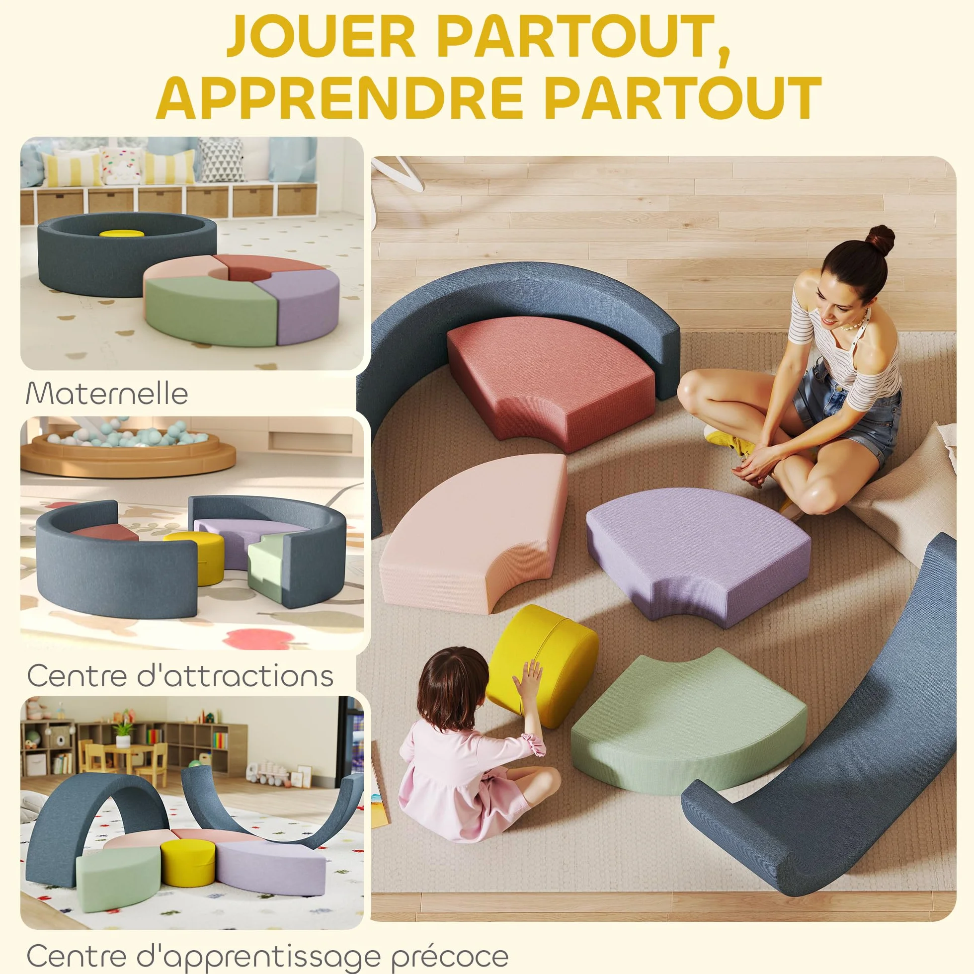 AIYAPLAY Parcours motricité bébé Mousse 7 PCS Module motricité avec Housse Lavable Jouets éducatifs Ramper Grimper Multicolore