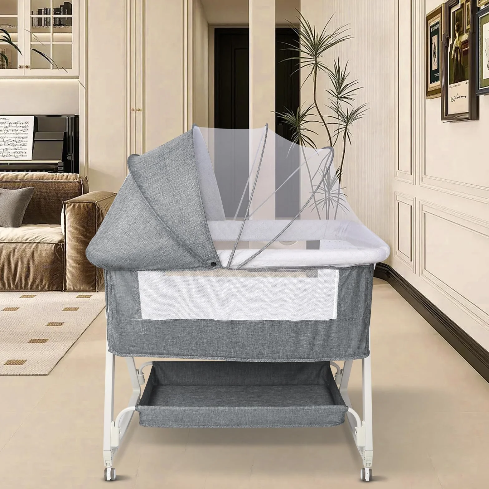HUOLE 3 in 1 Berceau Cododo avec Matelas et Moustiquaire, lit bébé Portable avec roulettes, 92x52x106-118 cm Gris Lin