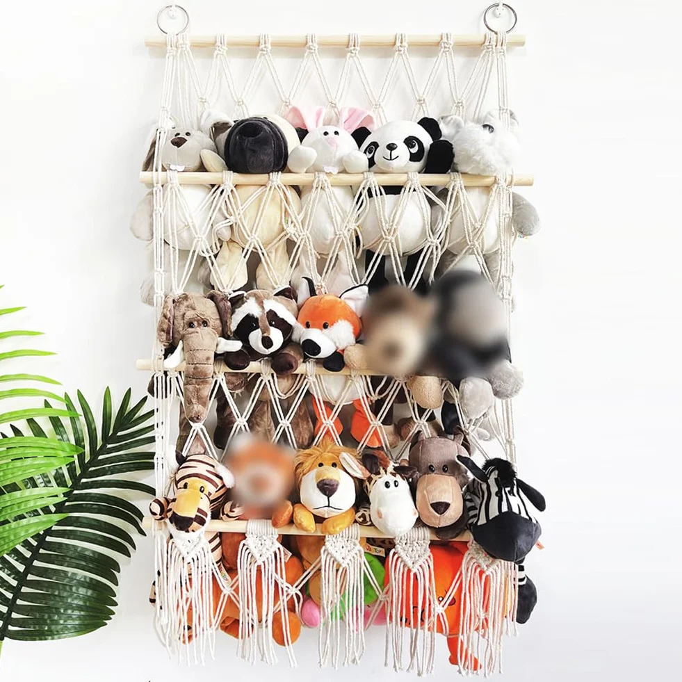 Hamac de Rangement pour Jouets Tissée à la Main en Corde de Coton à Suspendre Support de Rangement Peluche