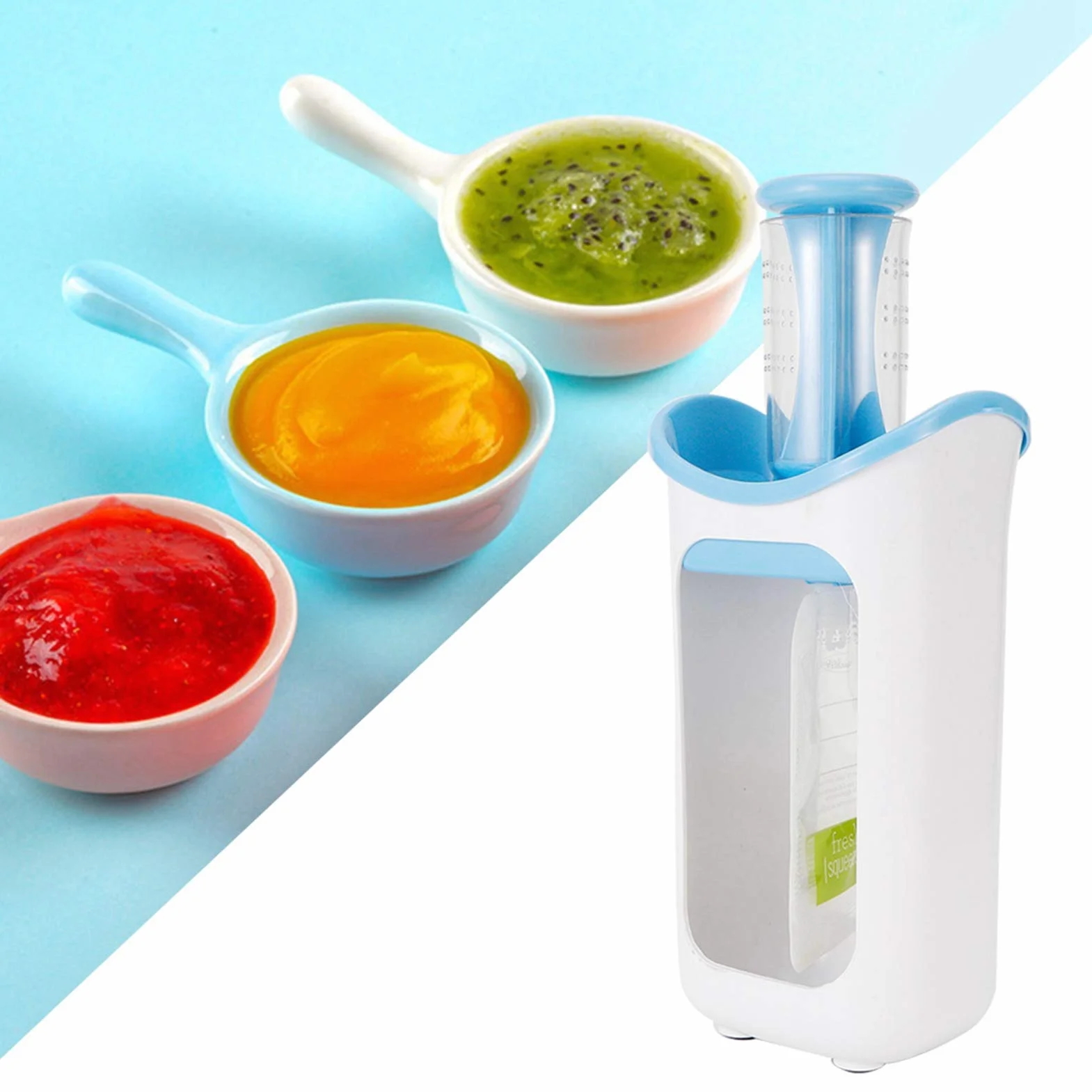 BORDSTRACT Squeeze Station Station De Remplissage De Sachets Avec 10 Sachets Alimentaires Bleu