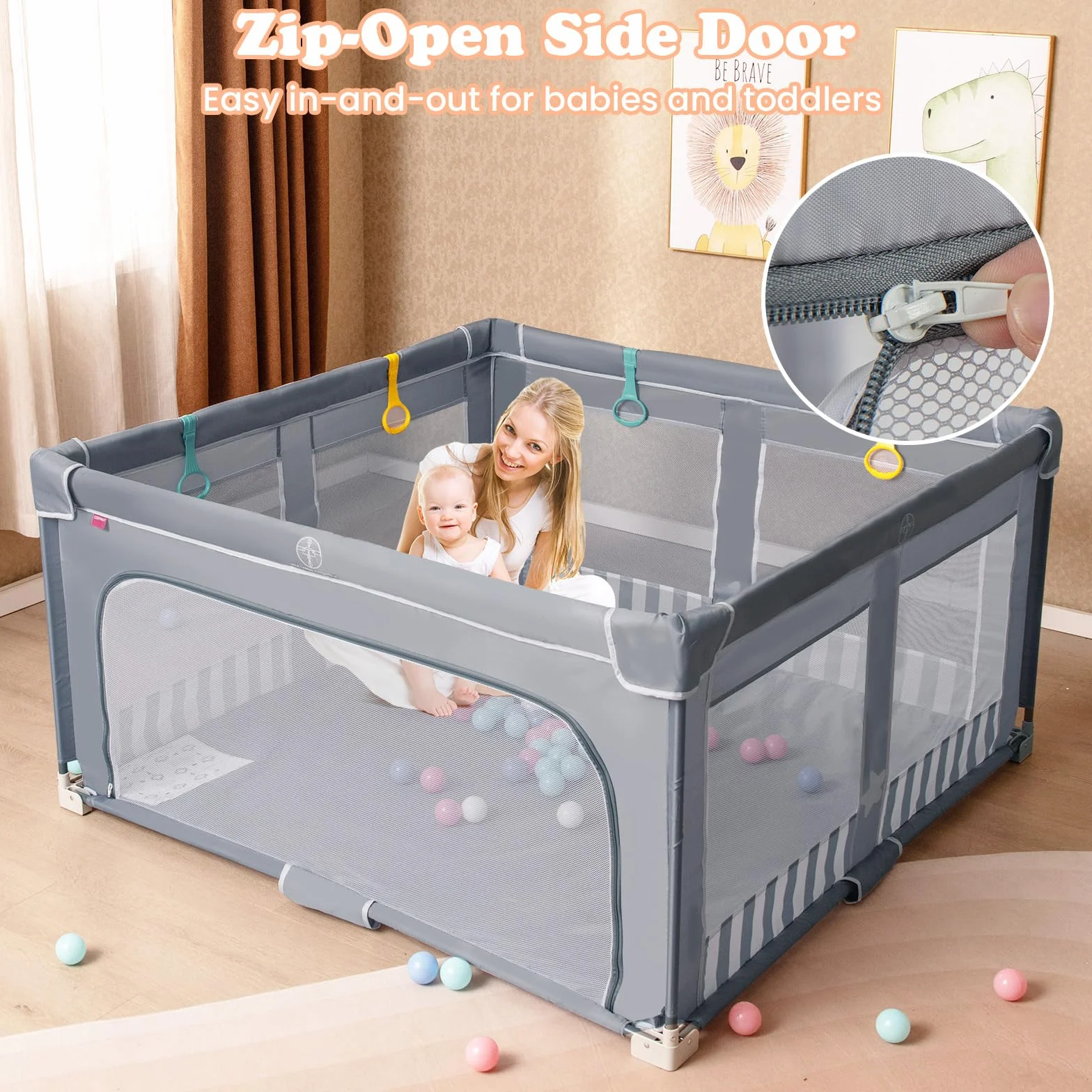 LIFEZEAL Parc Bébé Pliable 150 x 150 x 76,5 cm avec 4 Anneaux, 50 Boules, Tissu Oxford Gris