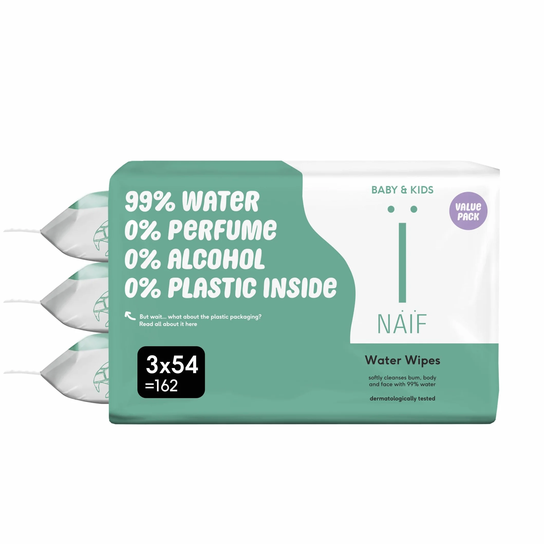 Naïf Lingettes humides sans plastique 162 lingettes 99% d'eau 0% parfum bébé
