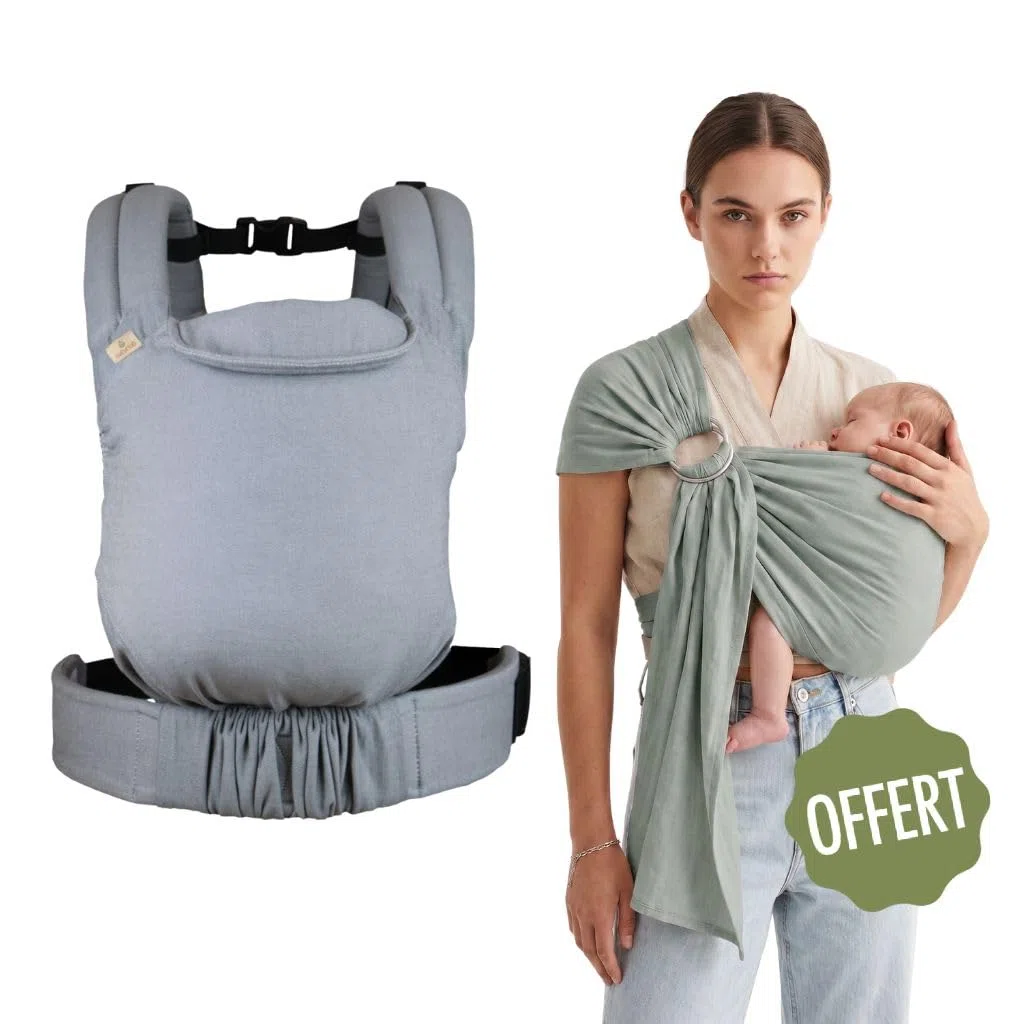 Pack Portage Évolutif : Porte-Bébé Guizy Gris Galet avec Ceinture Tekizy & Écharpe Simply Sling Vert Amande - Kit Nomade Complet en Coton