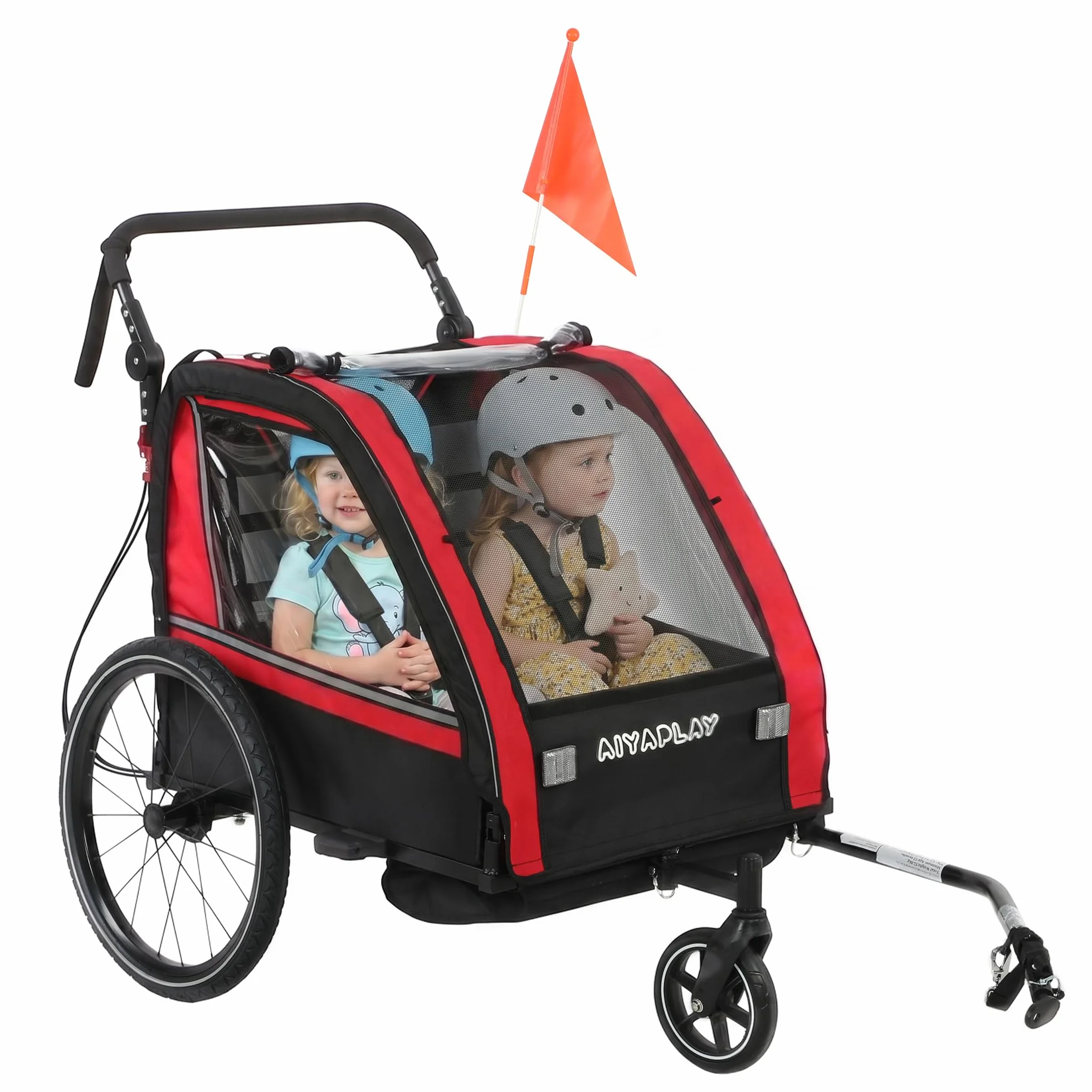 AIYAPLAY Remorque vélo Enfant 2 Places 2 en 1 Poussette bébé Guidon réglable Frein à Main Ceinture sécurité 5 Points attelage Universel 38 kg Rouge