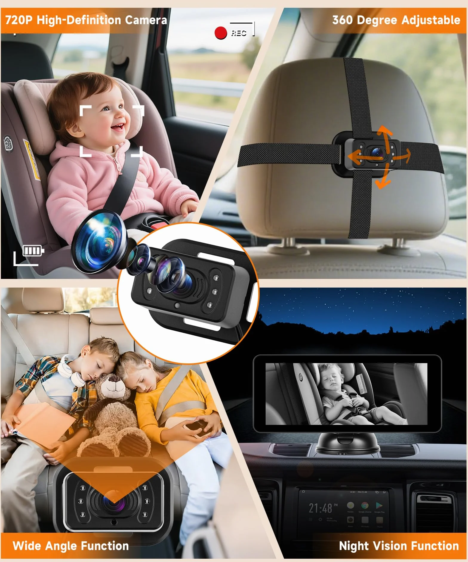 VECHTEL Moniteur Auto 6,86" IPS Double Caméra 720P Rotative 360° IP69 Étanche Vision Nocturne Grand Angle 12V