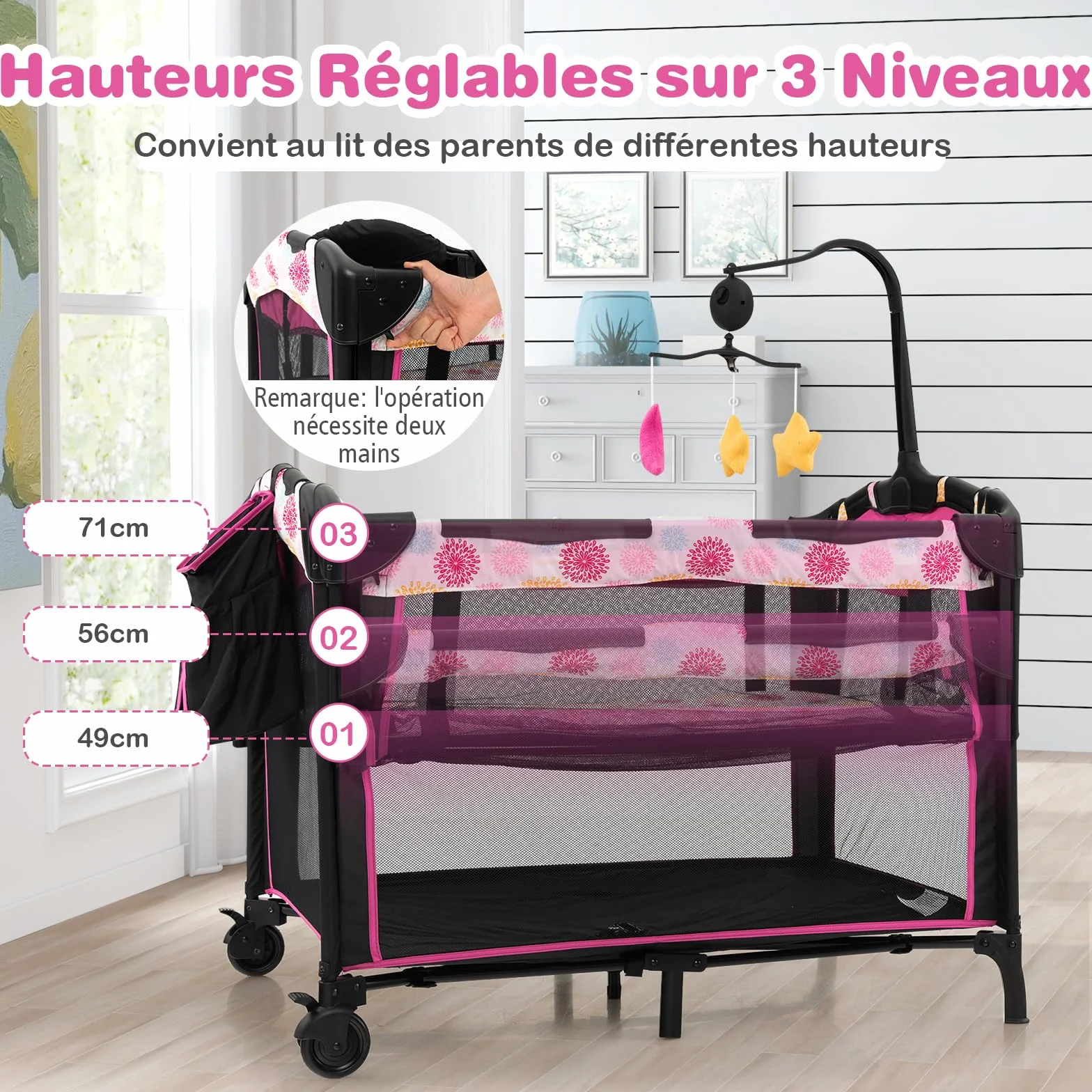 DREAMADE Lit Parapluie Bébé 4 en 1 107x72x119 cm Cododo avec Table à Lange & Matelas Noir+Rose