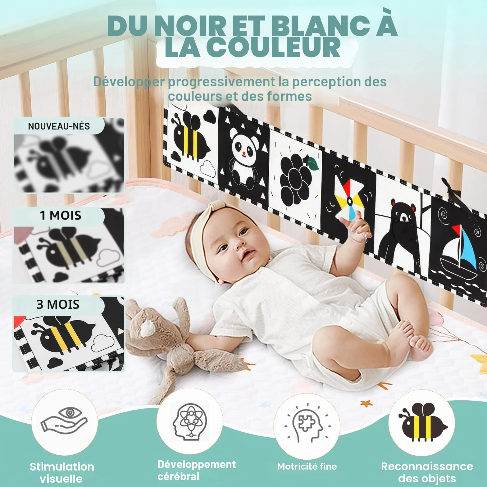 BBWOO Livre bébé 0-12 Mois Noir et Blanc sensoriel Montessori Jouet d'éveil Tummy Time Pliable Lavable avec Anneau Dentition et Miroir