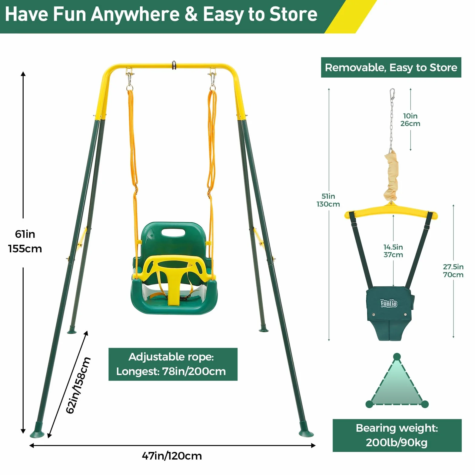 FUNLIO balançoire 2 en 1 pour bébé avec sièges sauteurs suspendus, support en métal pliable, vert