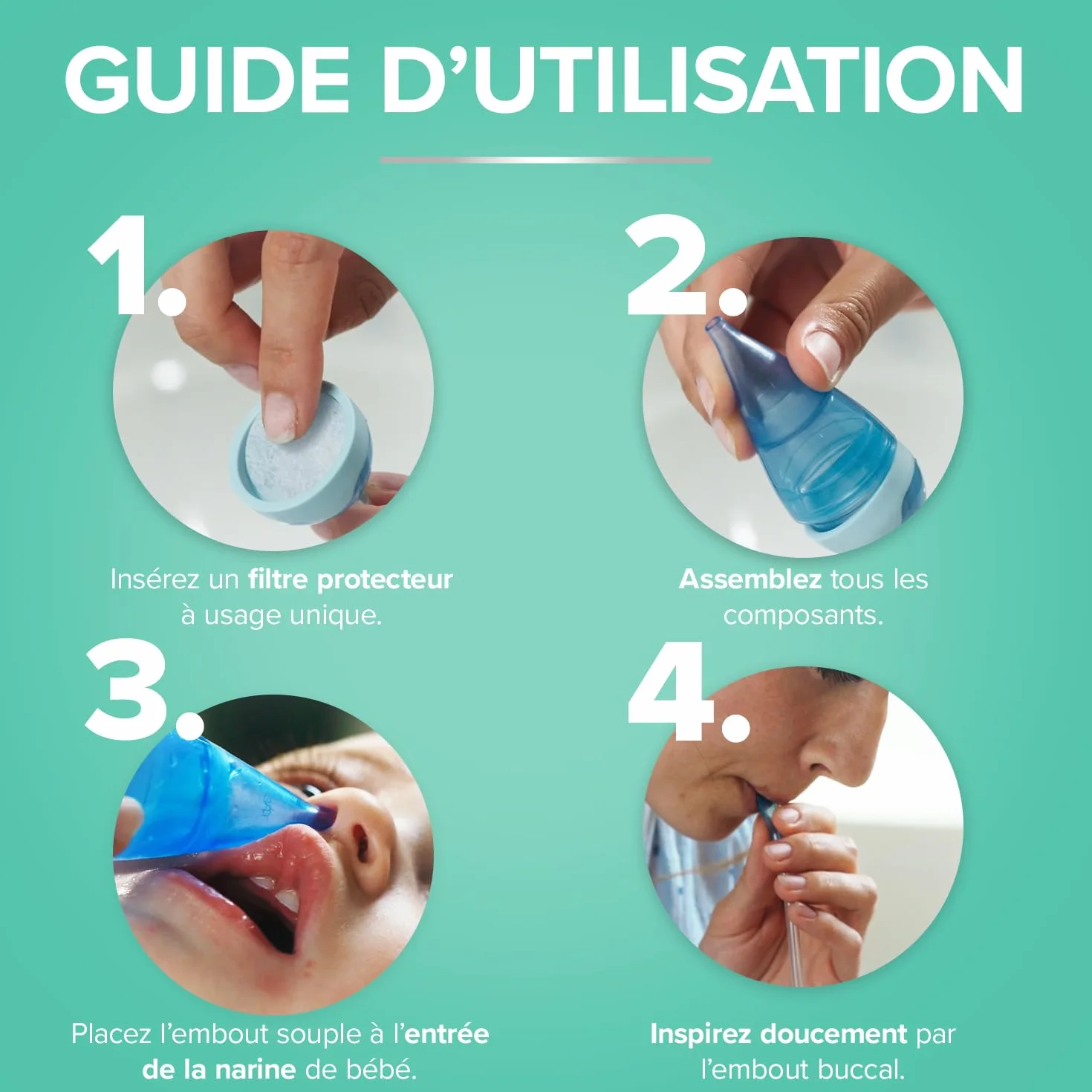 RESPIMER Mouche Bébé - Evacuer l'excès de mucus - Rhume & Rhynopharyngite - Nourrissons et jeunes enfants - Sans Bisphénol A - 5 Filtres jetables hygiéniques - Fabriqué en France