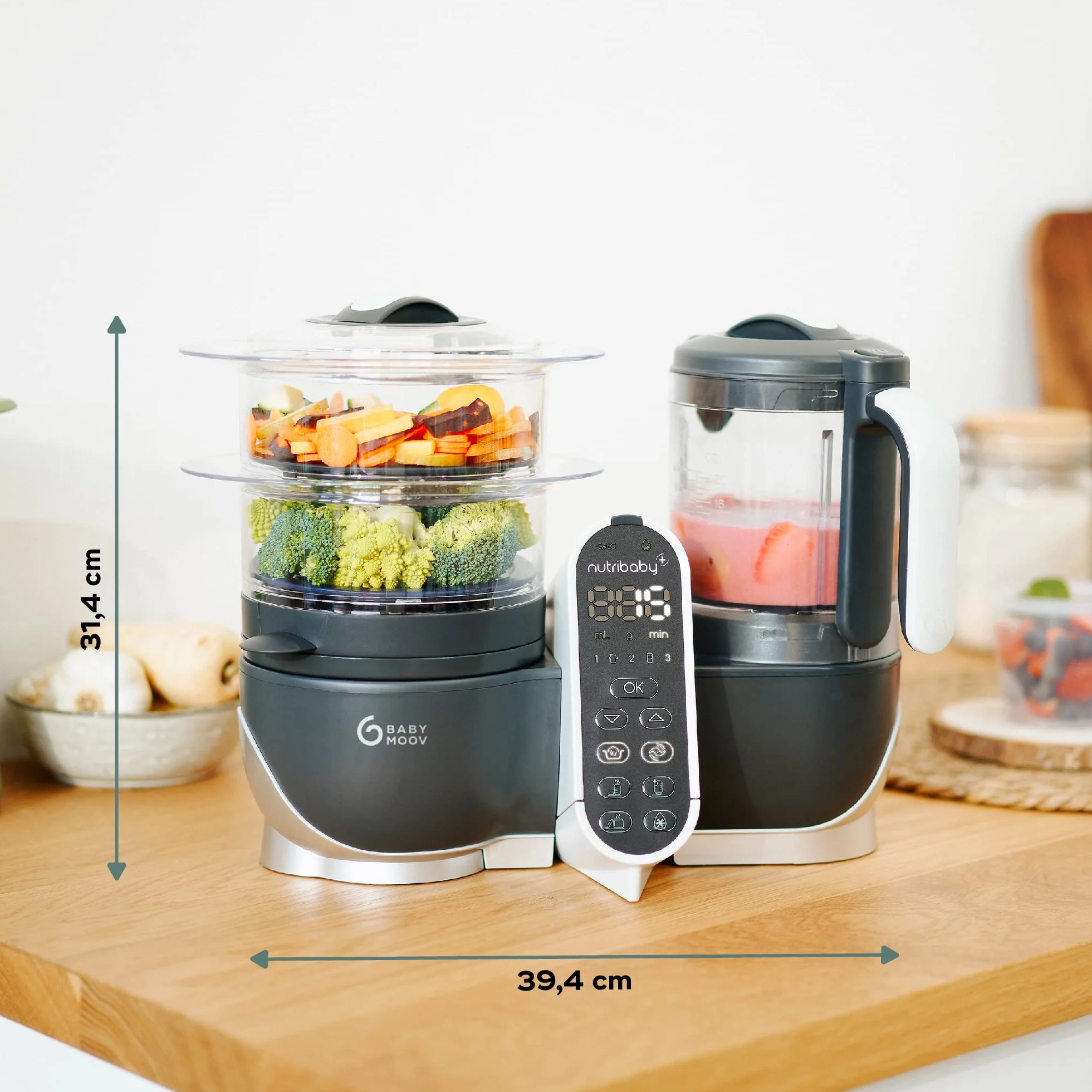 Babymoov Nutribaby+ Robot Cuiseur Bébé Multifonctions 6 en 1, Cuiseur Vapeur Mixeur, Grande Capacité 2,2L, Gris