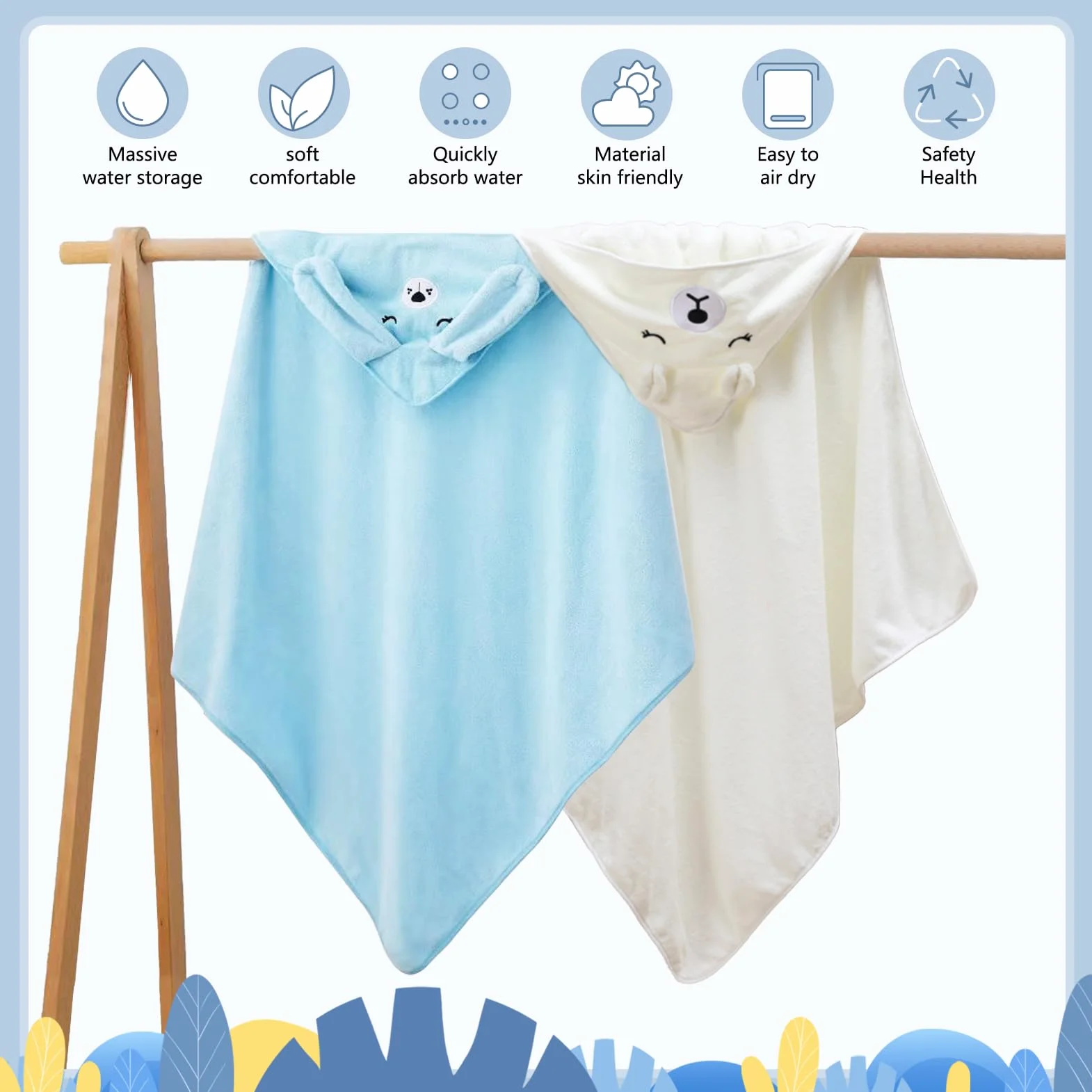 Serviette de Bain Capuche Bébé 80 x 80 cm Bleu et Blanc Design Animal
