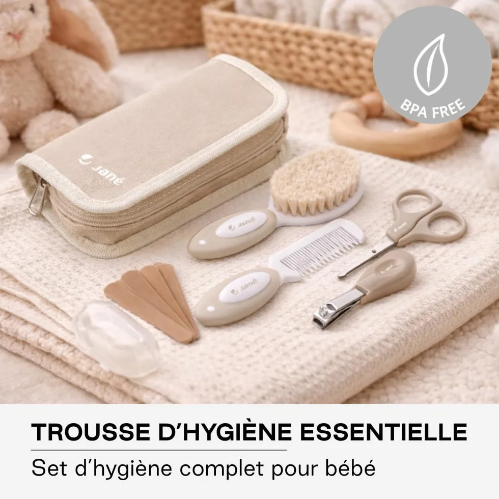 Jané Kit Hygiène Bébé 8 Pièces, Brosse Poils Naturels, Ciseaux, Coupe-ongles, Lime, Brosse Dentaire Silicone, Beige