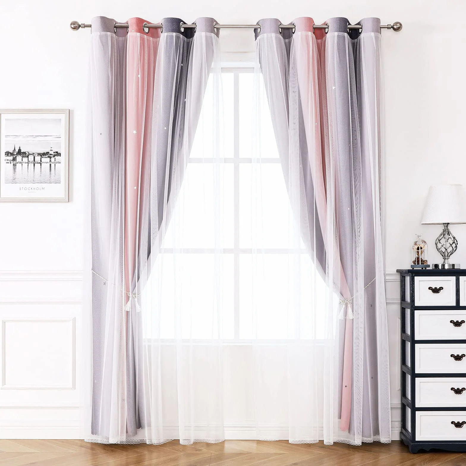 Rideaux Occultants Chambre Fille Double Couches Blanc Voilages Étoile Motif L132 H160 cm Rose Gris Lot de 2