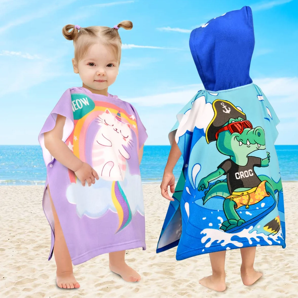 Serviette de Bain Enfant Poncho Crocodile Cape de Bain Fille Garcon Super Absorbant Séchage Rapide Poncho à Capuche Surf Sortie de Bain Bébé 2-6 Ans