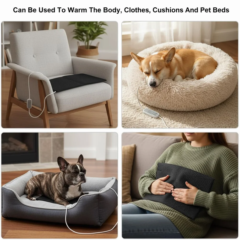 Coussin Chauffant Électrique Fibre Carbone USB 4 Niveaux Température Lavable 25 x 30 cm