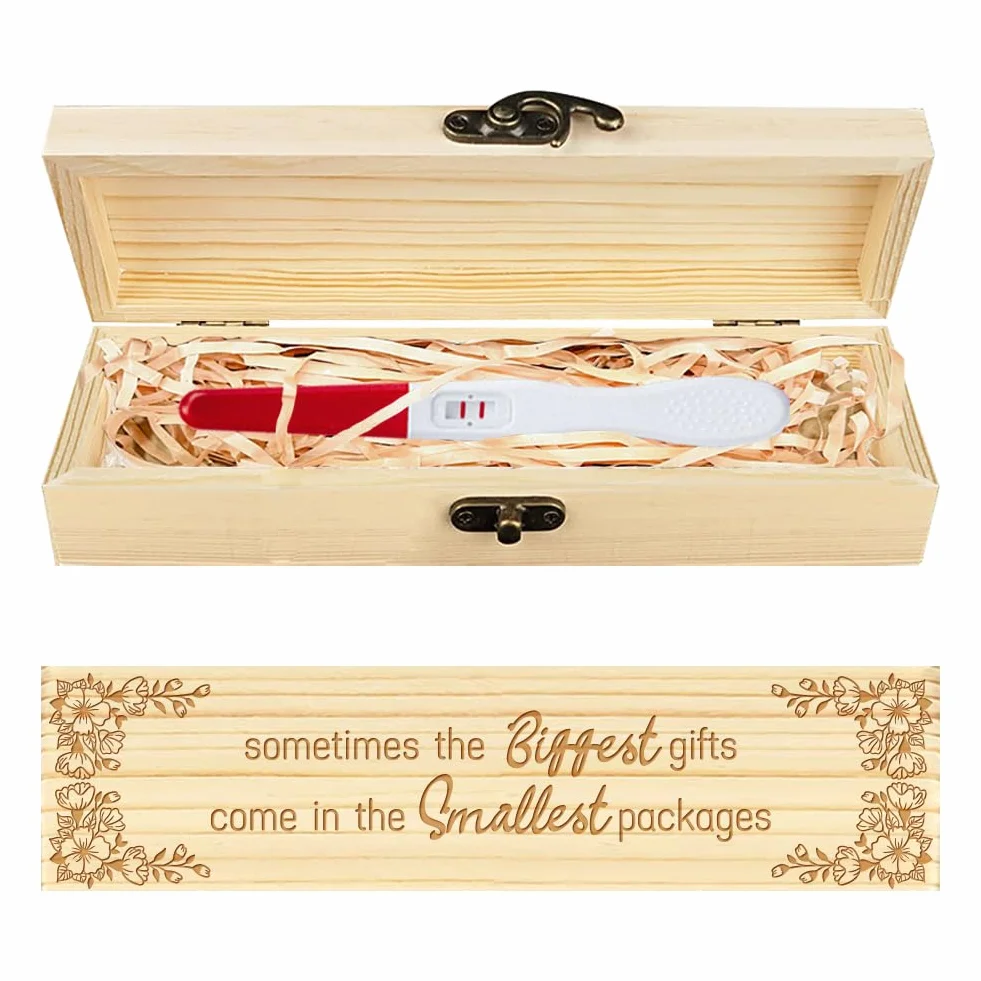 Coffret Cadeau en Bois avec Motif de Coin Fleuris pour Test de Grossesse avec Ruban en Raphia et Cadenas 8x2x1.2 pouce