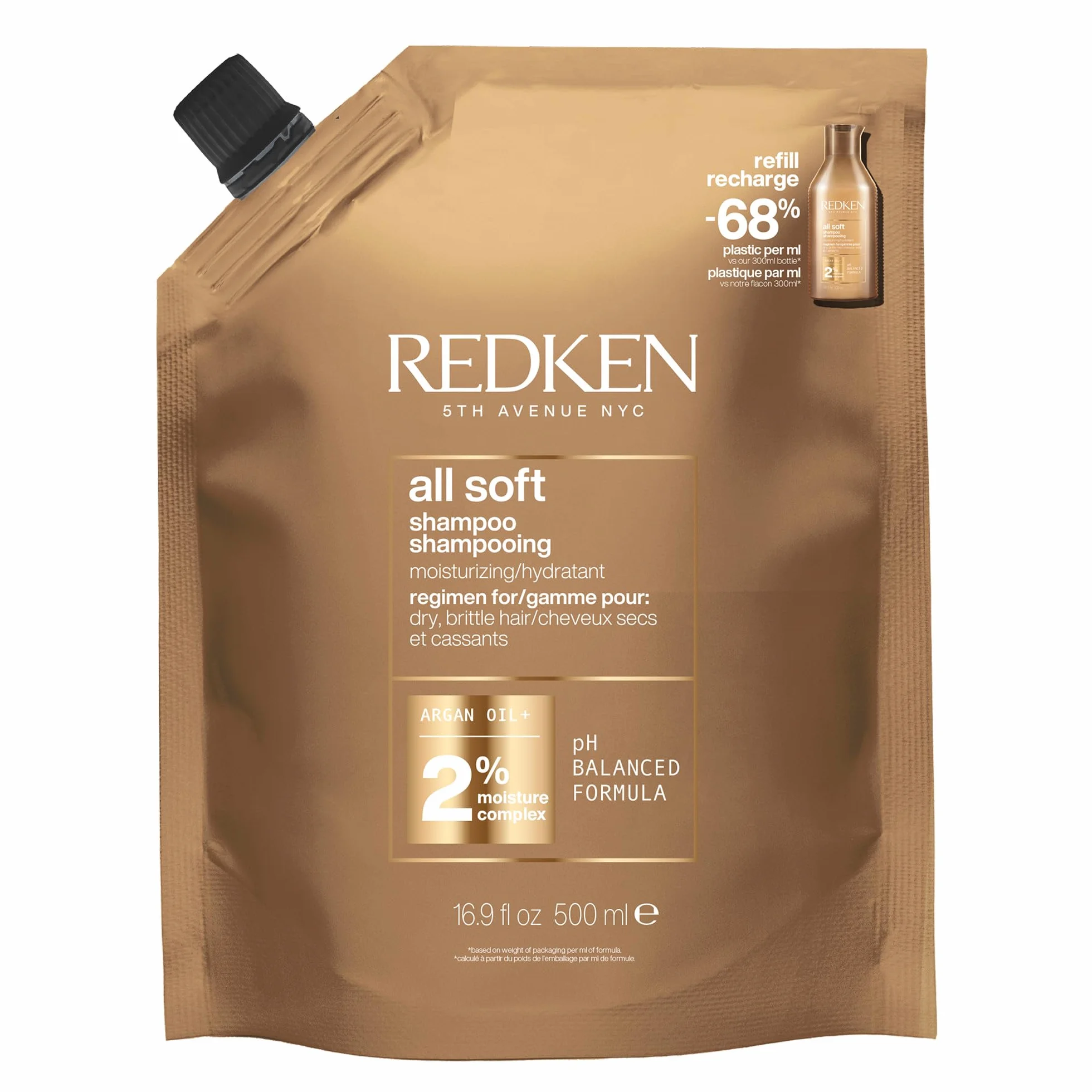 REDKEN All Soft Recharge Shampoing Hydratant 500ml Cheveux Secs Protéines Huile d'Argan