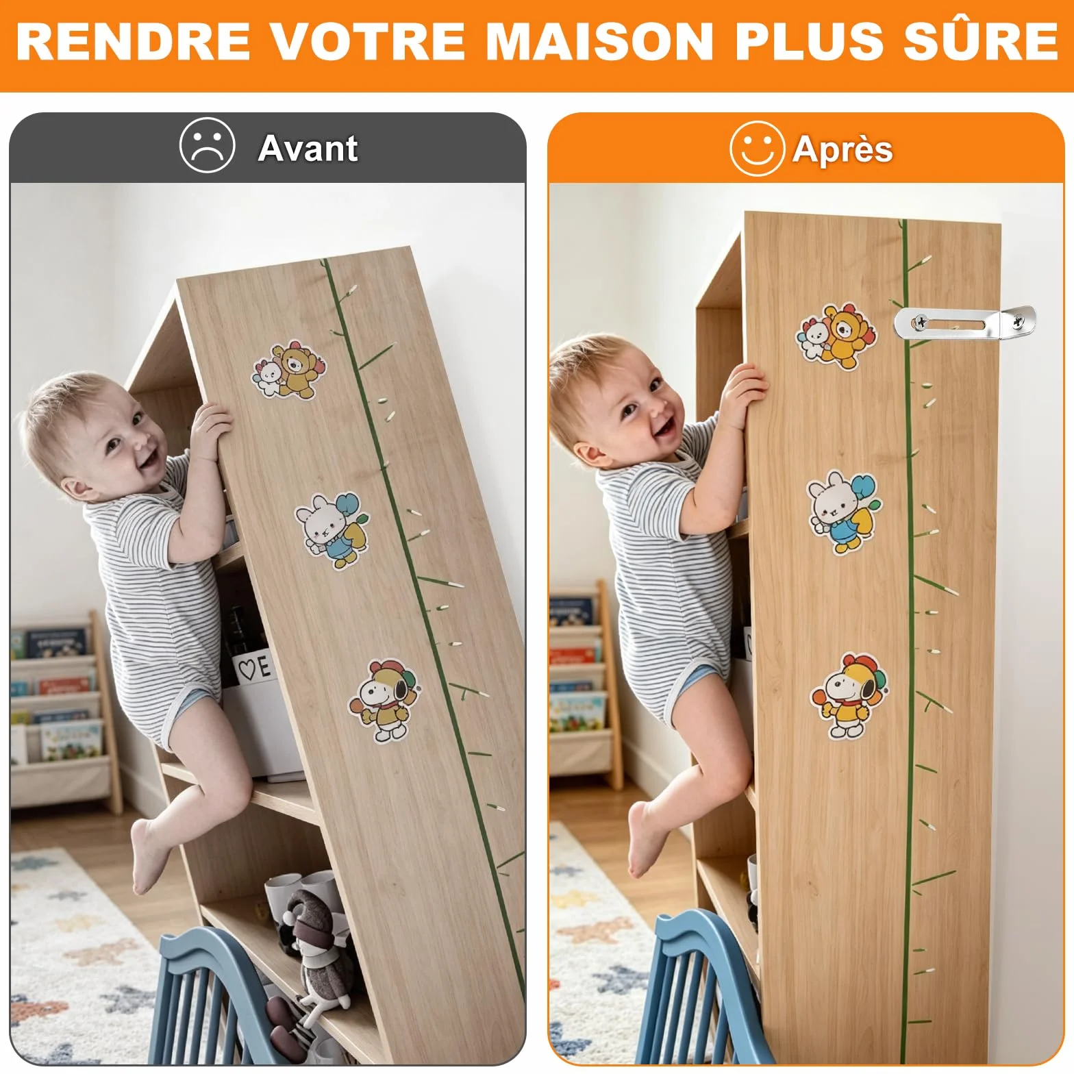 Kit Anti-Basculement Meuble, 12 Ancrages de Sécurité pour Armoires, Penderies, Argent