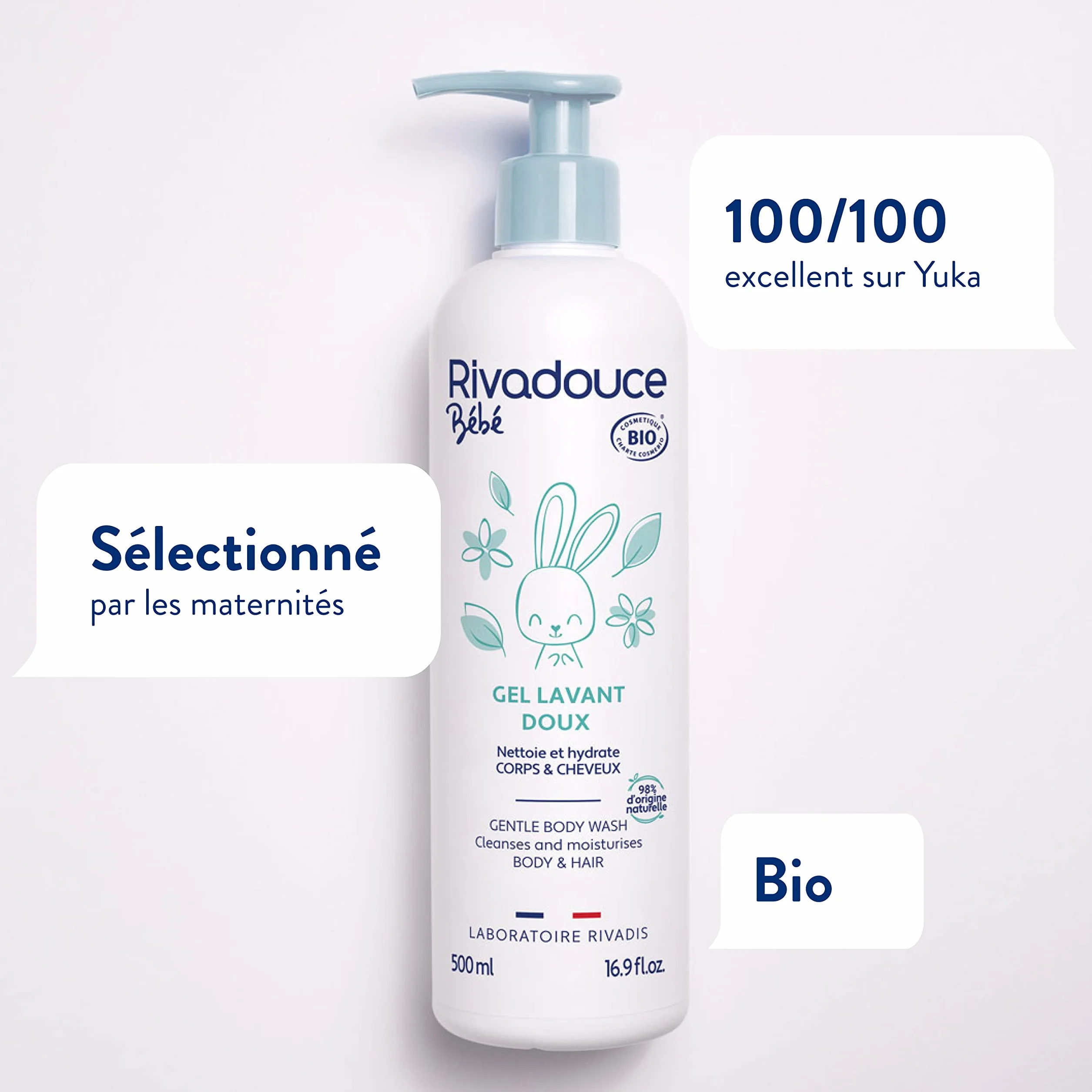 Rivadouce Gel Doux Lavant Bébé Bio 500ml Gel Douche Bébé Sans Savon Hydrate Peau Cuir Chevelu