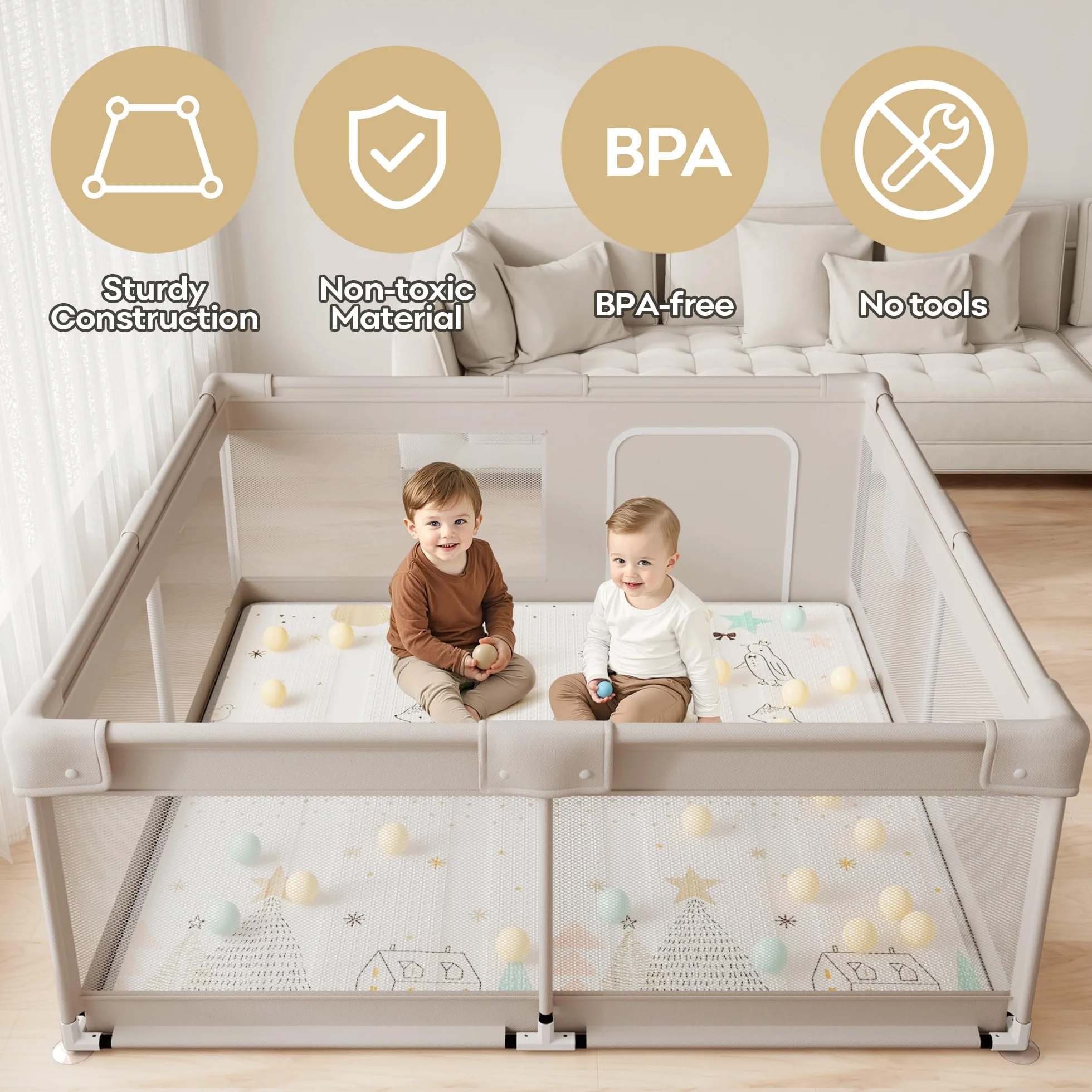 Parc Bébé en Tissu Oxford 150×150×68cm avec Tapis, Barrières et Filet Respirant