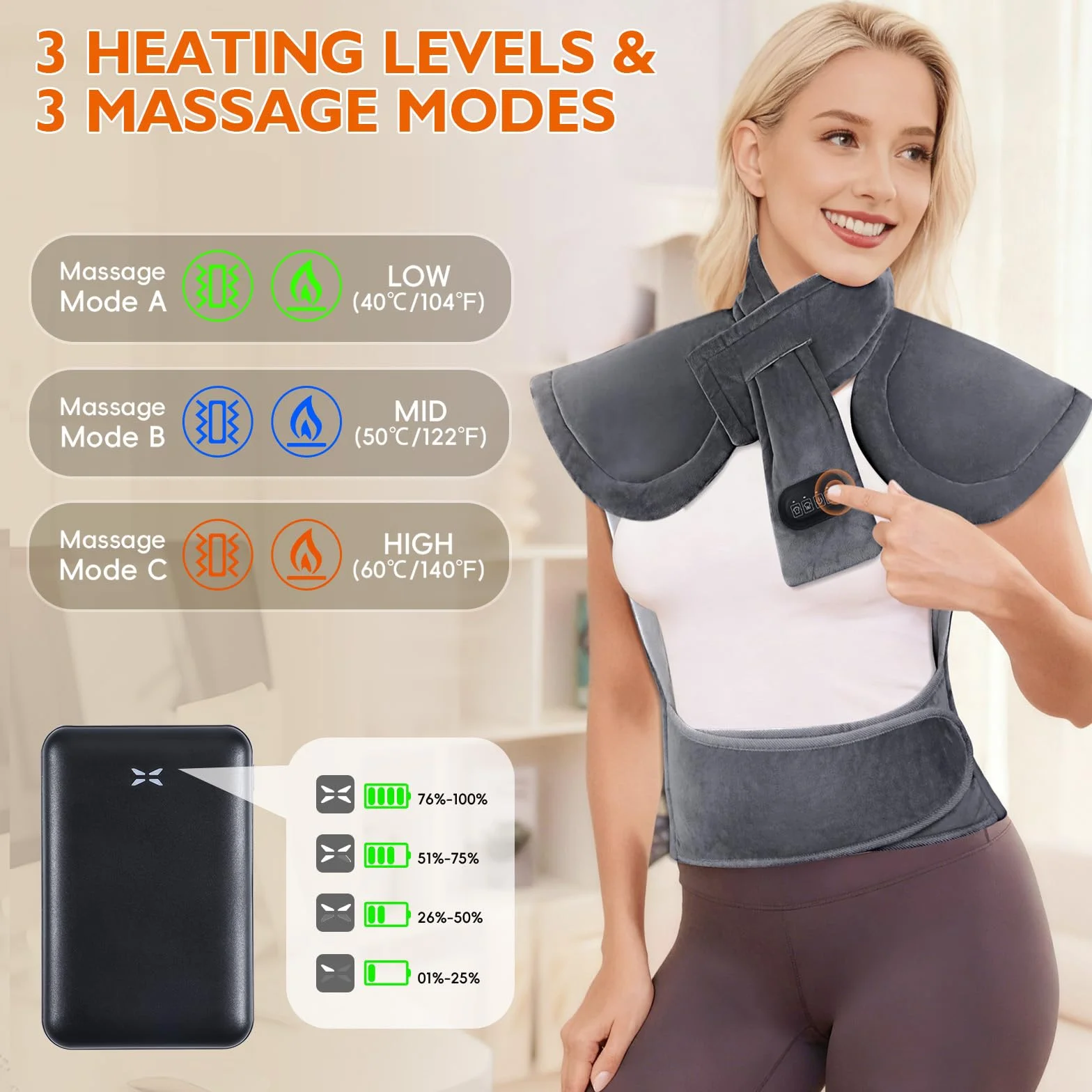Coussin Chauffant avec Batterie 10000mAh 3 Niveaux Réglage Température 3 Modes de Massage Arrêt Automatique