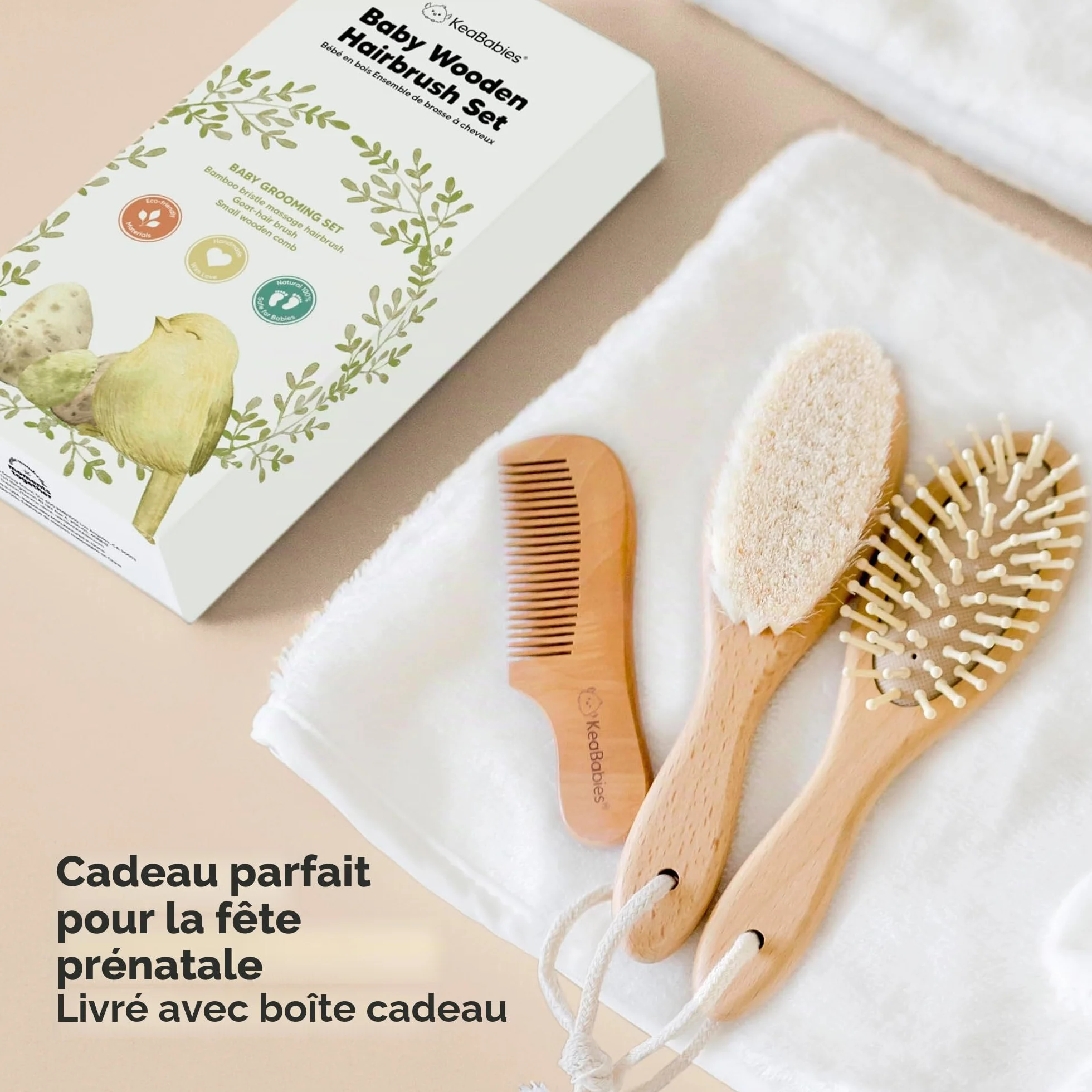 Brosse à Cheveux Bébé Nouveau-né en Bois Naturel avec Poils de Chèvre Doux