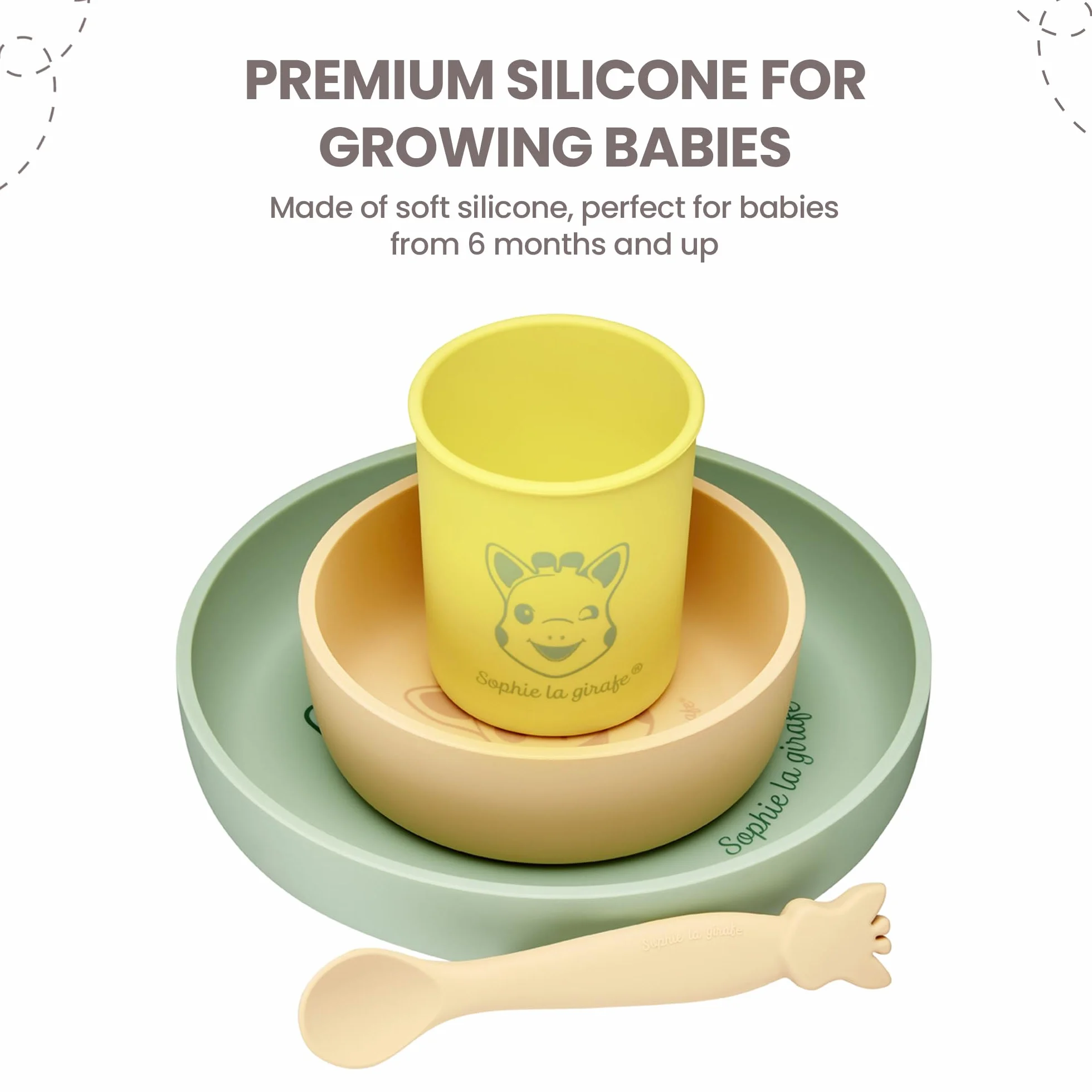 Sophie la Girafe Set de Repas en Silicone - Assiette, Bol, Verre et Cuillère Passe au Lave Vaisselle et Micro-ondes