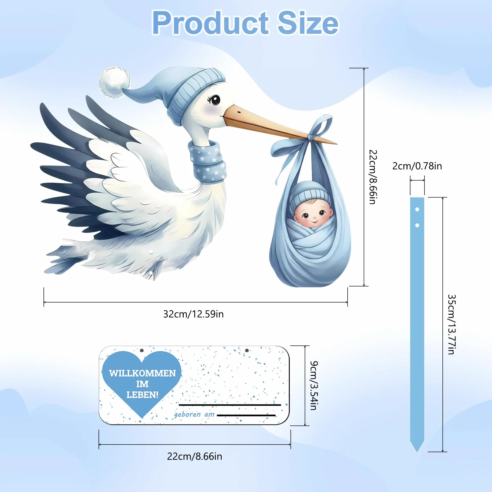 Cigogne à Clapette Naissance Bébé Imprimé Deux Faces Bâton Bois Plaque Nominative Intérieur Extérieur Cadeau (Bleu)