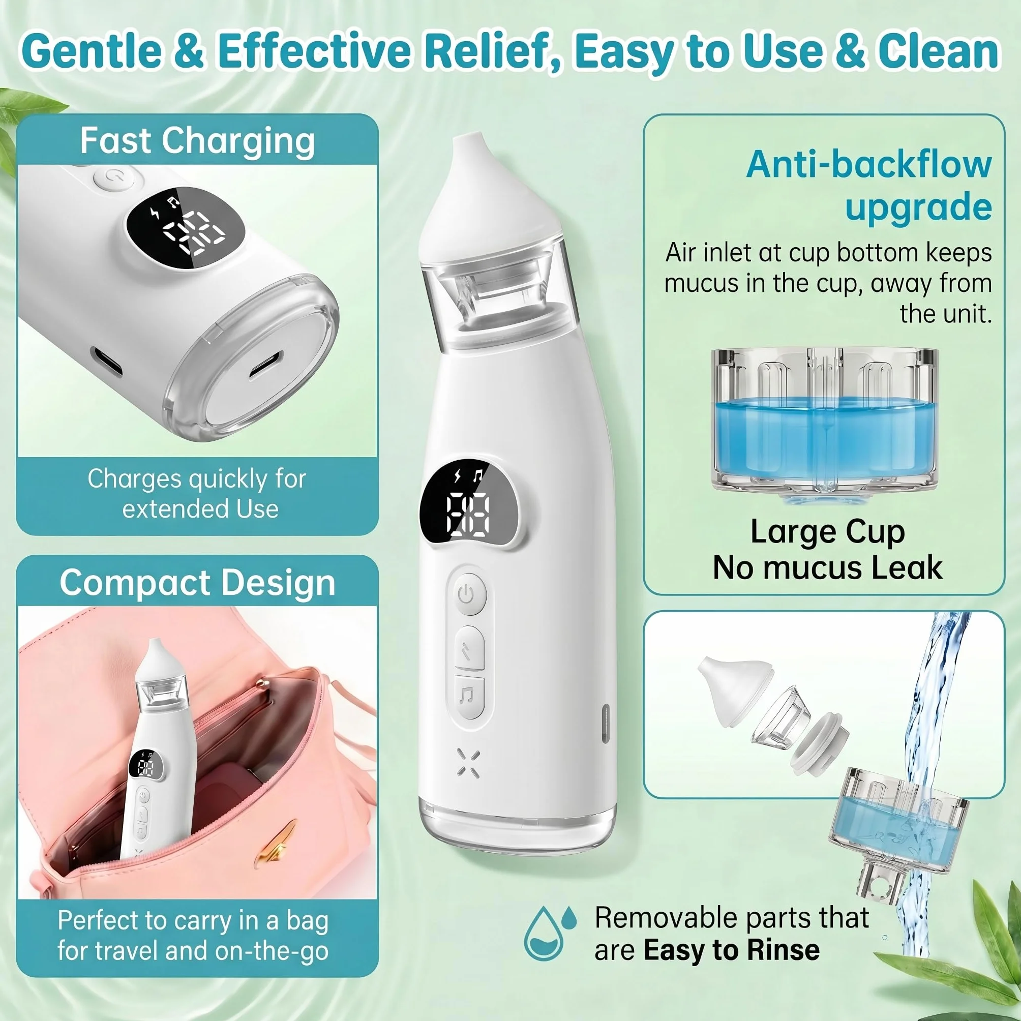 Aspirateur Nasal Bébé 60Kpa avec Écran LCD, 9 Niveaux d'Aspiration, Rechargeable USB-C, Silencieux <60dB, Anti-reflux
