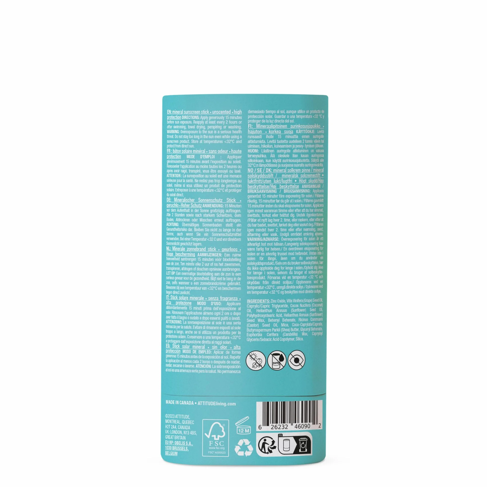 ATTITUDE Crème Solaire Minérale Solide SPF 30 EWG Verified Protection Large Spectre UVA/UVB Oxyde de Zinc 60 g