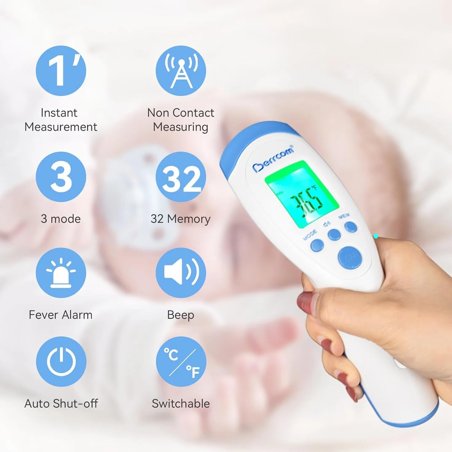 Berrcom Thermomètre infrarouge frontal sans contact avec alarme fièvre 3 couleurs °C/°F