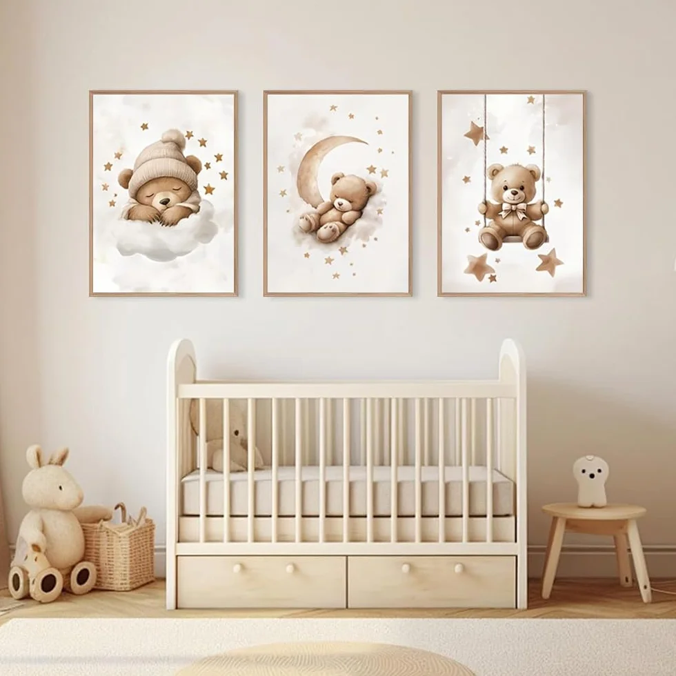 Affiche Ourson Chambre Bebe 30x40cm Poster Nounours Beige Tableau Decoration Murale Enfant Garcon Toile sans Cadre