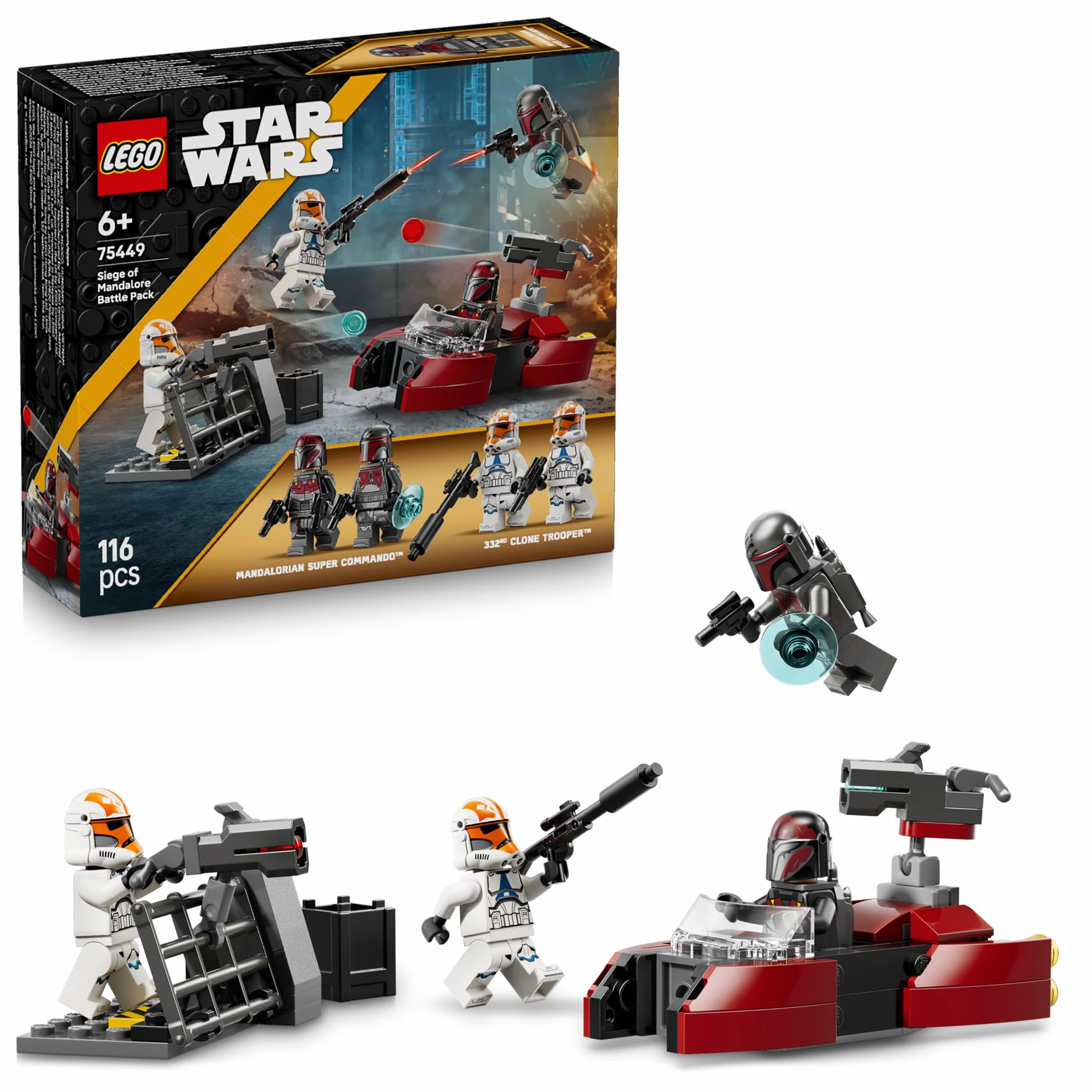 LEGO Star Wars 75449 Pack de Combat Le Siège de Mandalore - Jouet d'action avec Minifigurines de 2 Mandaloriens & 2 Clone Troopers - Speeder & Pistolets Blasters - Cadeau pour Garçon dès 6 Ans