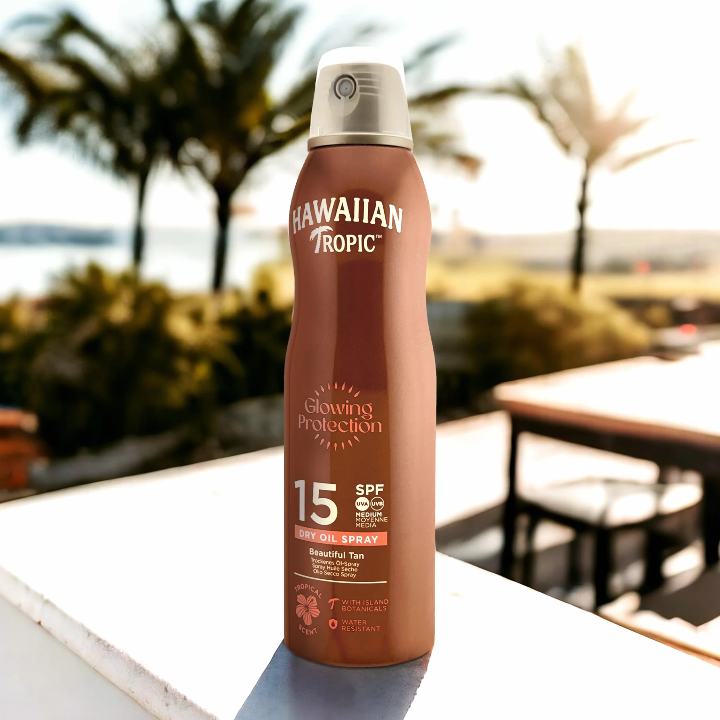 Hawaiian Tropic Brume huile sèche Glowing Protection SPF 15 UVA UVB Écran solaire en spray 177 ml