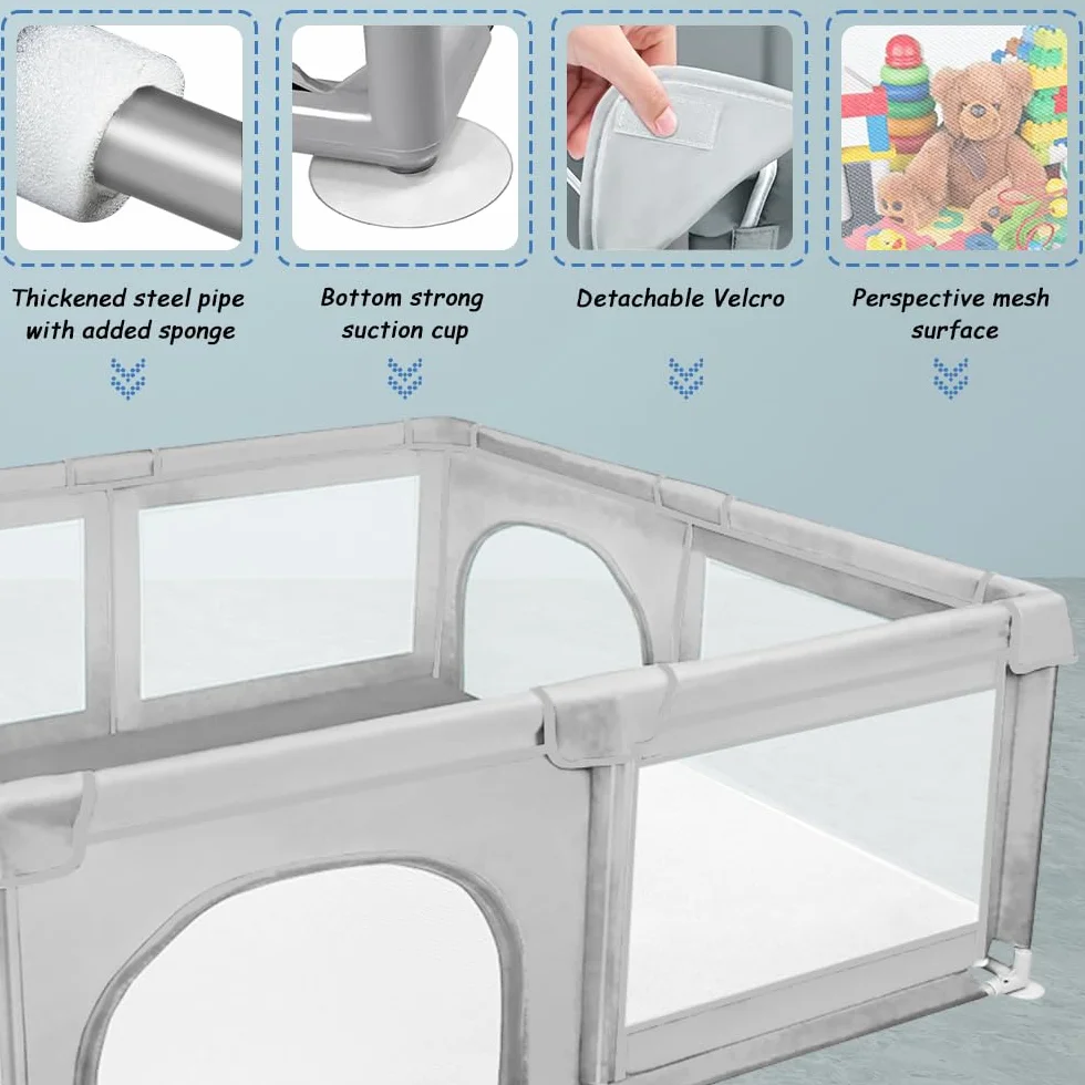 Parc Bébé avec 4 Ventouses et Porte Zippée, Clôture Bébé Tissu Oxford Gris clair 120x120x66cm