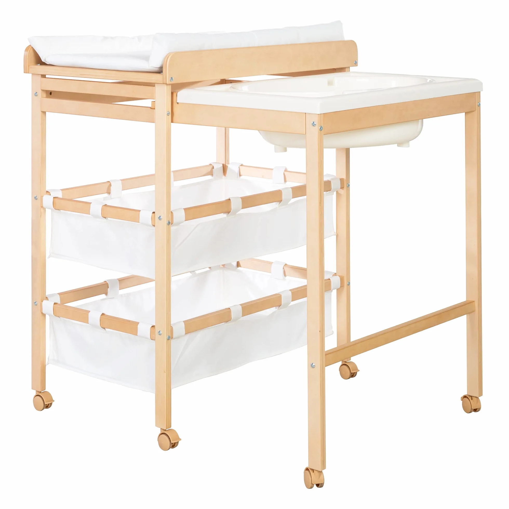 Table à Langer avec Baignoire Coulissante Baby Pool 2EN1 Matelas Imperméable Blanc 2 Compartiments Rangement Bois Naturel
