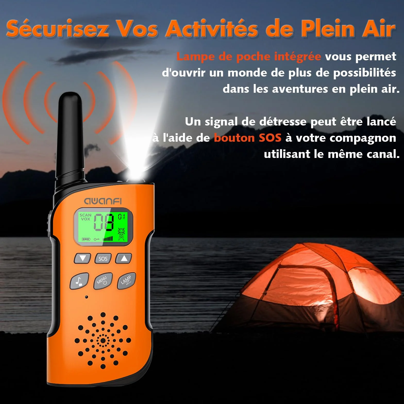 Talkie Walkie Enfants Adultes Rechargeable 3 Pièces, Longue Portée Lampe Torche 8 Canaux, USB Type C pour Camping Randonnée Vélo