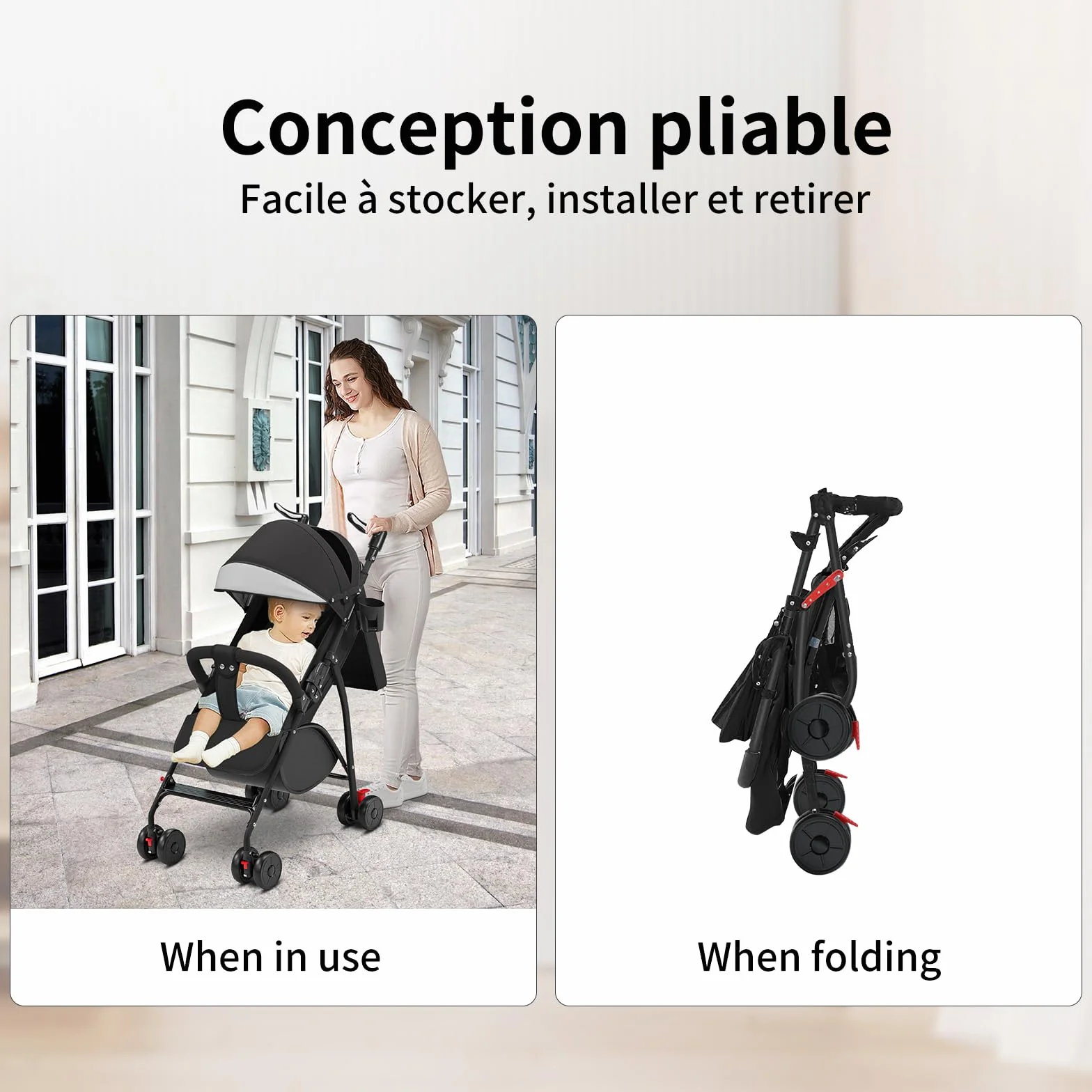 Poussette Canne Compacte 0-4 Ans Légère Pliable Une Main Dossier Inclinable Harnais 5 Points Auvent Moustiquaire 15 kg