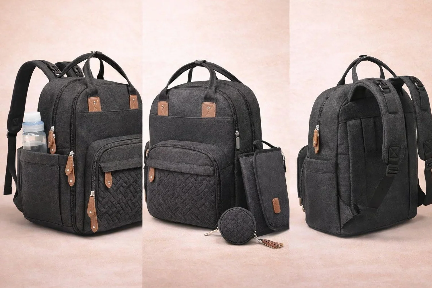 Sac à langer bébé 18 poches grande capacité avec tapis à langer isotherme porte-sucette Noir