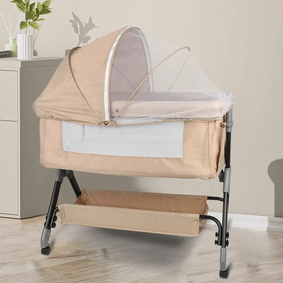 HUOLE Lit Cododo Bebe 4 Niveaux Couffin Dormir Securite Portable Plier Nouveau-ne 104x52x100-110 cm Blanc casse