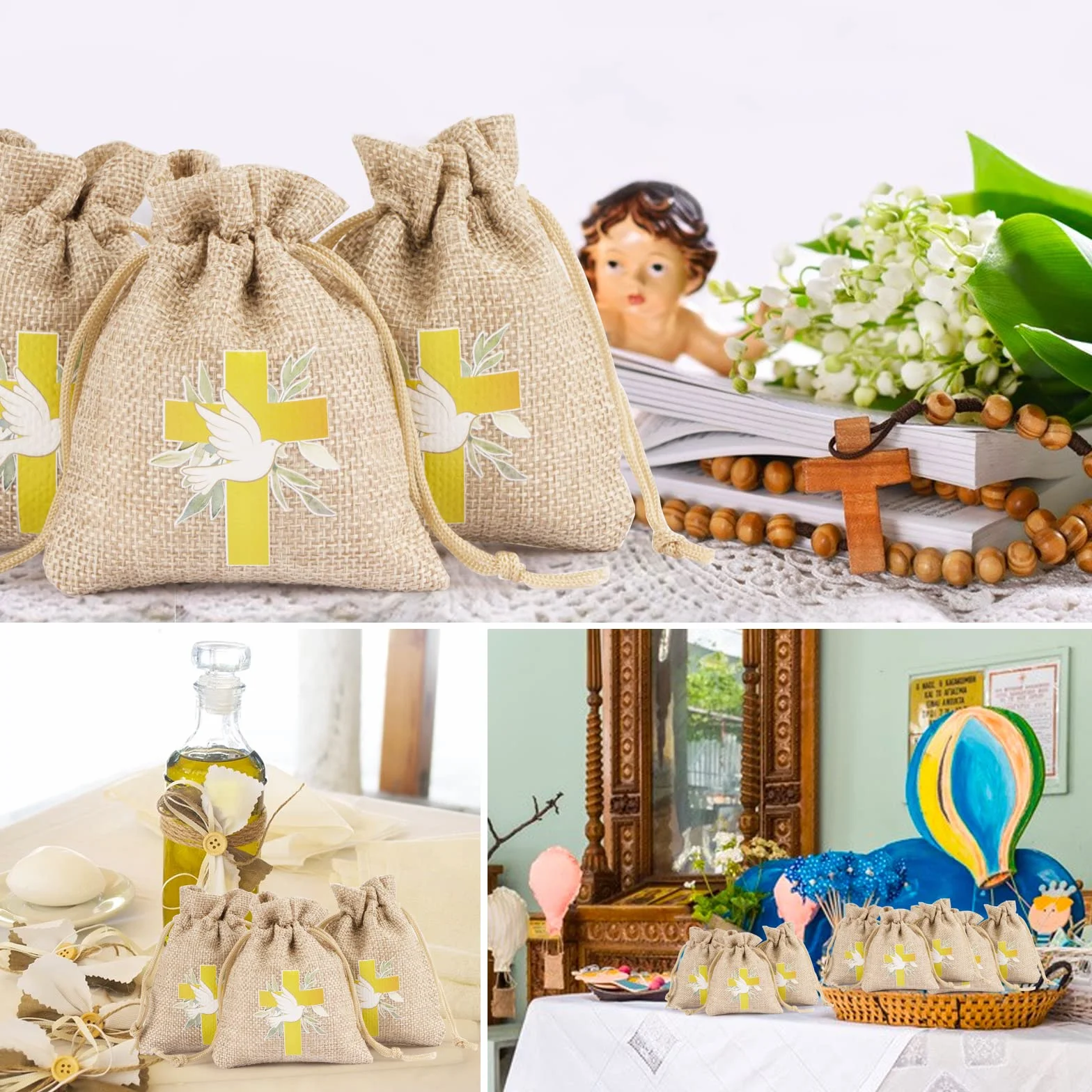 BETESSIN 24pcs Sachet Dragée Jute Pochette Communion Baptême 8x10cm Toile Chanvre Confirmation Sac Poche Bijoux Bonbon Chocolat Cadeau Perle Faveur Décoration Fête Communion