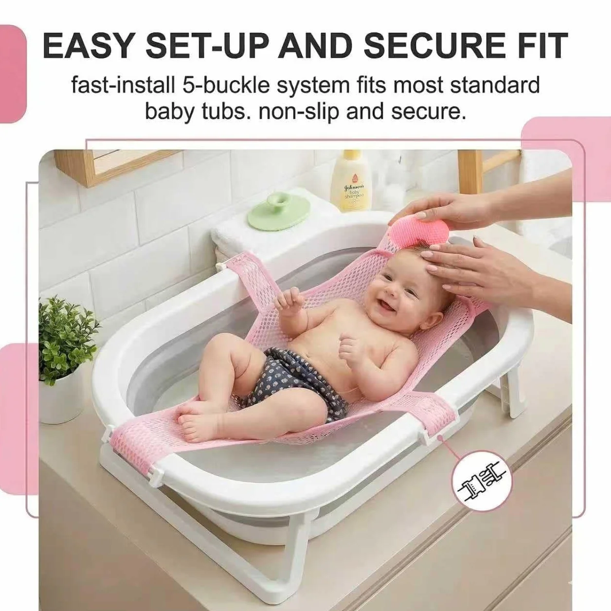Hamac de Bain Antidérapant pour Bébé Pliable et Portable avec Deux Brosses à Shampooing (Rose)