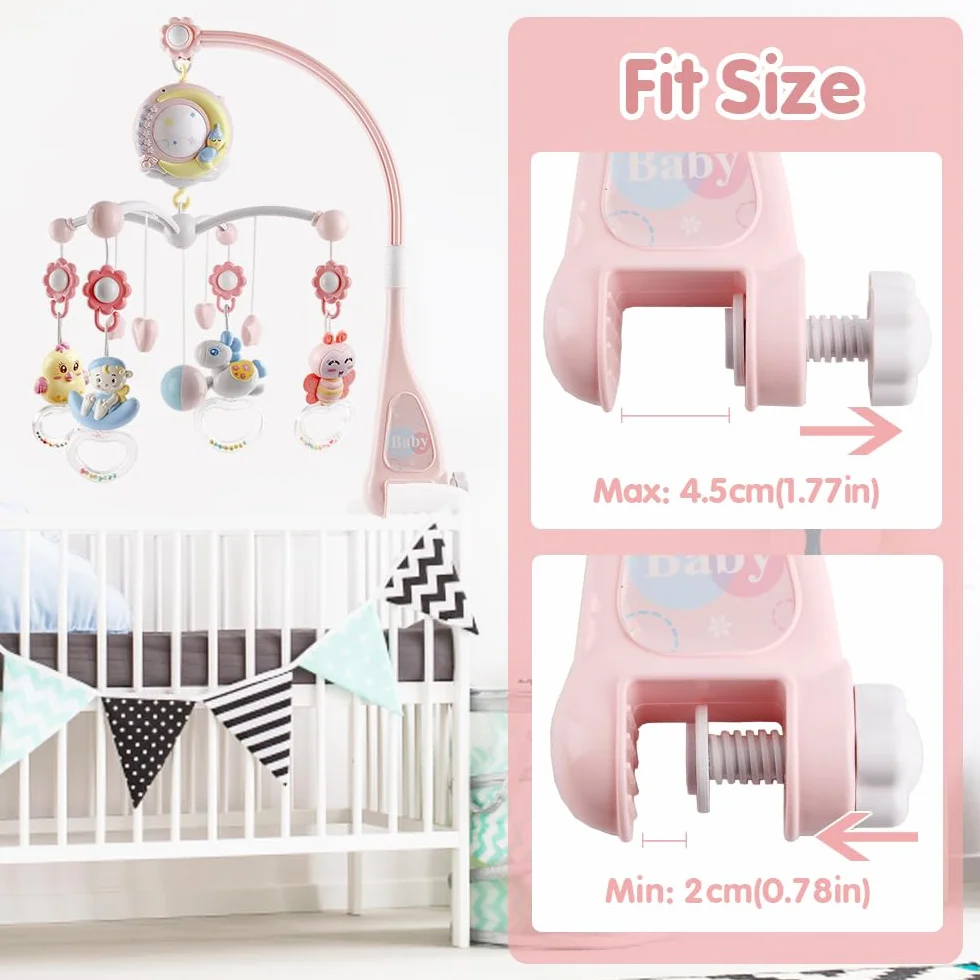 Berceau de musique pour bébé avec projecteur et lumières, mobile suspendu tournant, boîte à musique 150 mélodies, rose