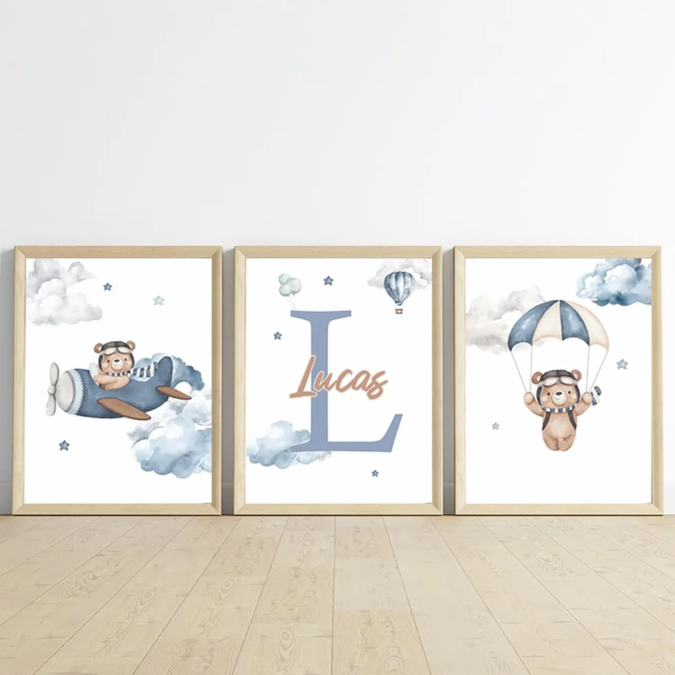 Affiche Chambre Bébé Nounours 30x40cm Poster Bleu Enfant Tableau Personnalisé Prénom Garçon Toile Décoration Ourson