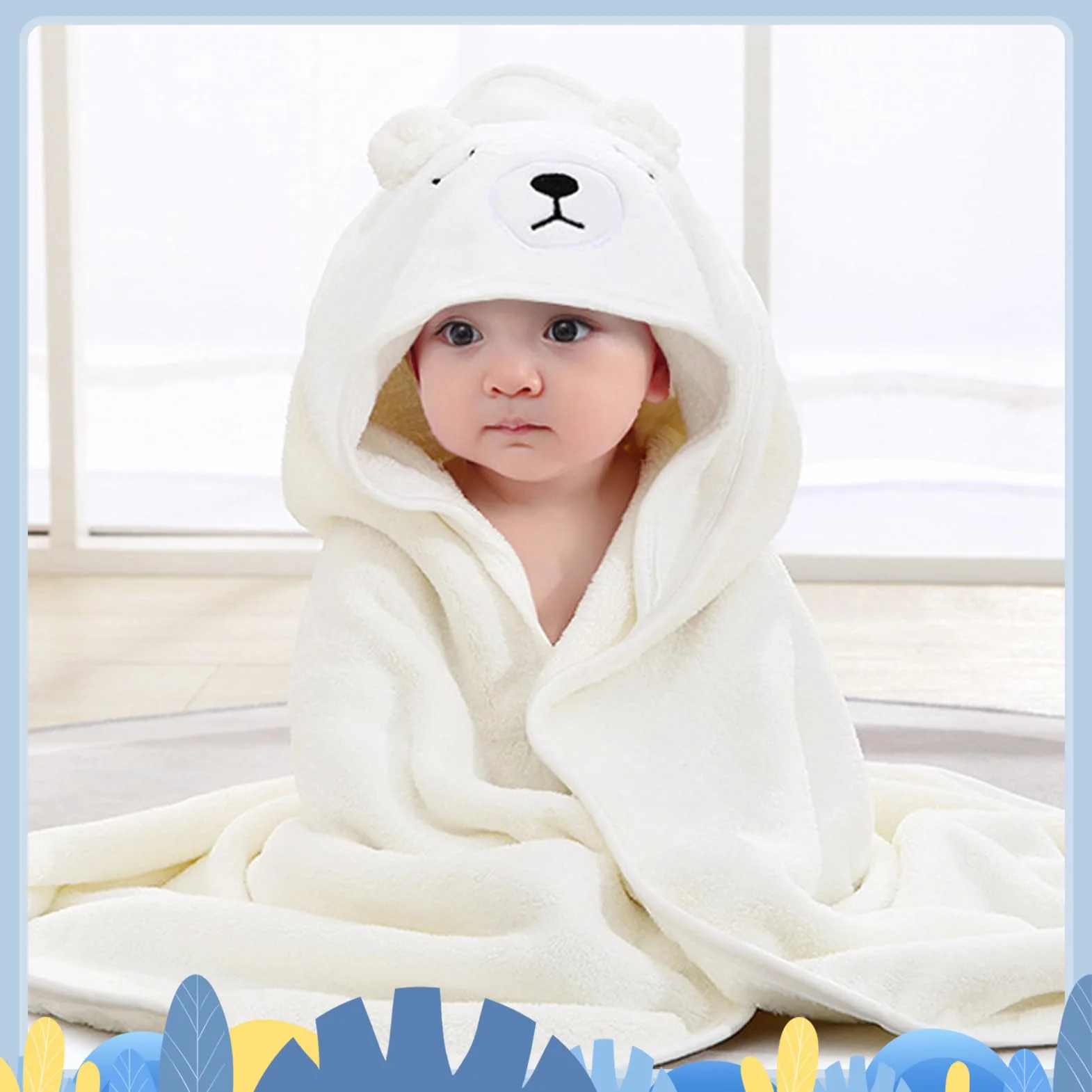 Serviette de Bain Capuche Bébé 80 x 80 cm Bleu et Blanc Design Animal