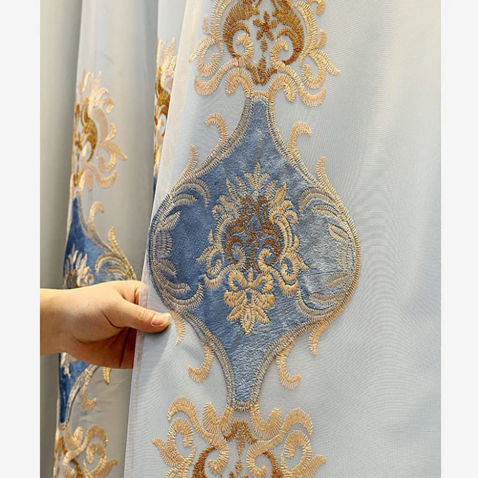 Rideaux occultants double couche dentelle brodés 167x213 cm bleu